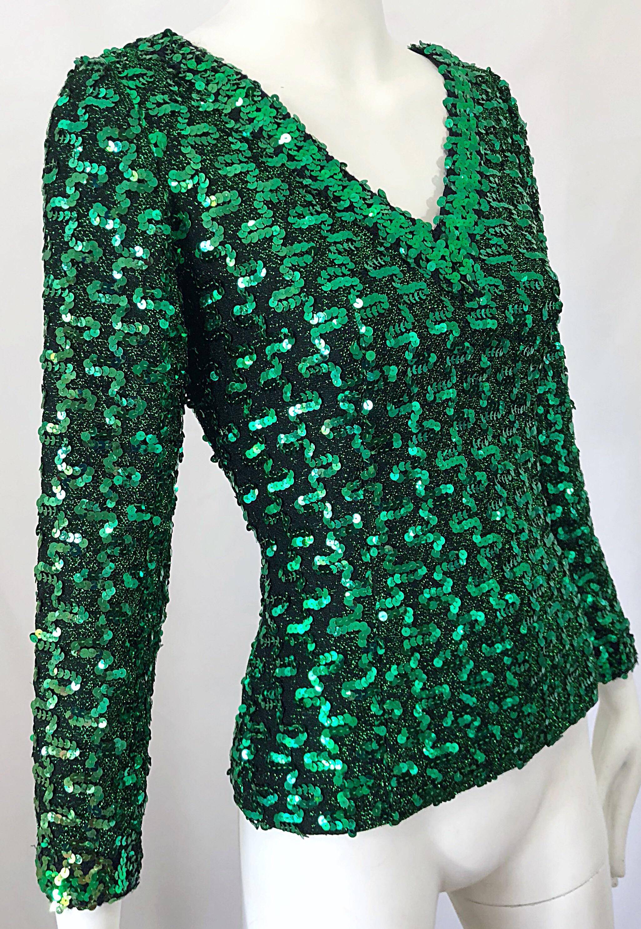 Chemisier en maille à manches longues Lilli Diamond Kelly vert métallisé à paillettes (années 1970) Pour femmes en vente