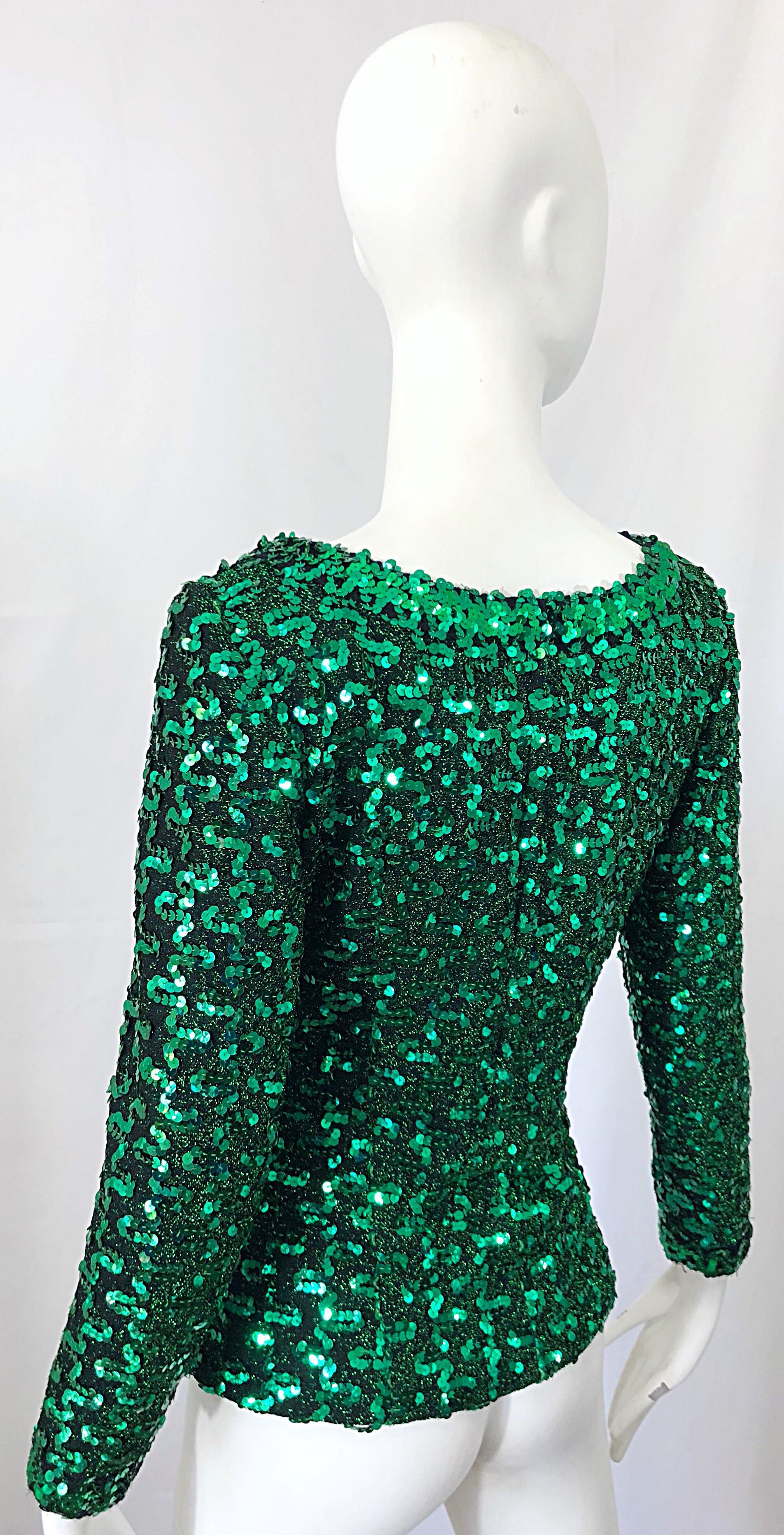 Black 1970s Lilli Diamond Kelly Green Metallic Sequined Long Sleeve Knit Shirt Blouse For Sale