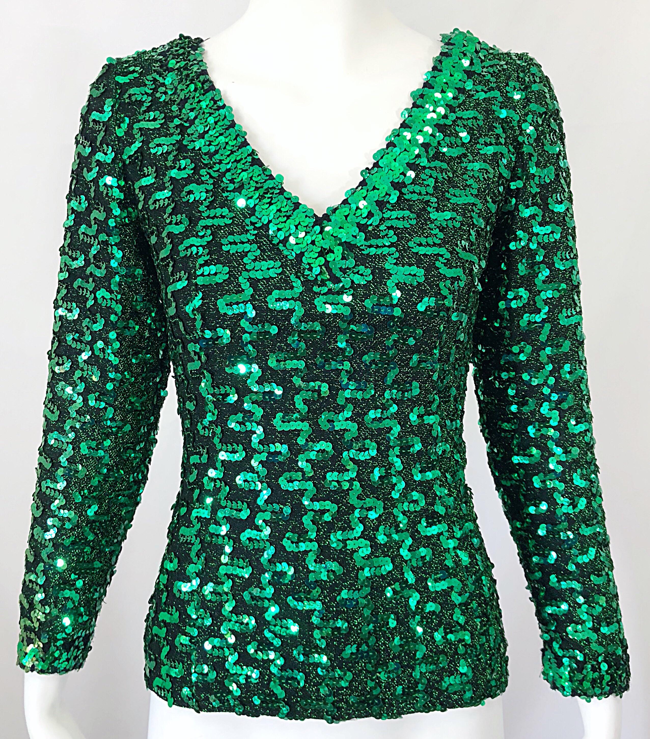 Women's 1970s Lilli Diamond Kelly Green Metallic Sequined Long Sleeve Knit Shirt Blouse For Sale