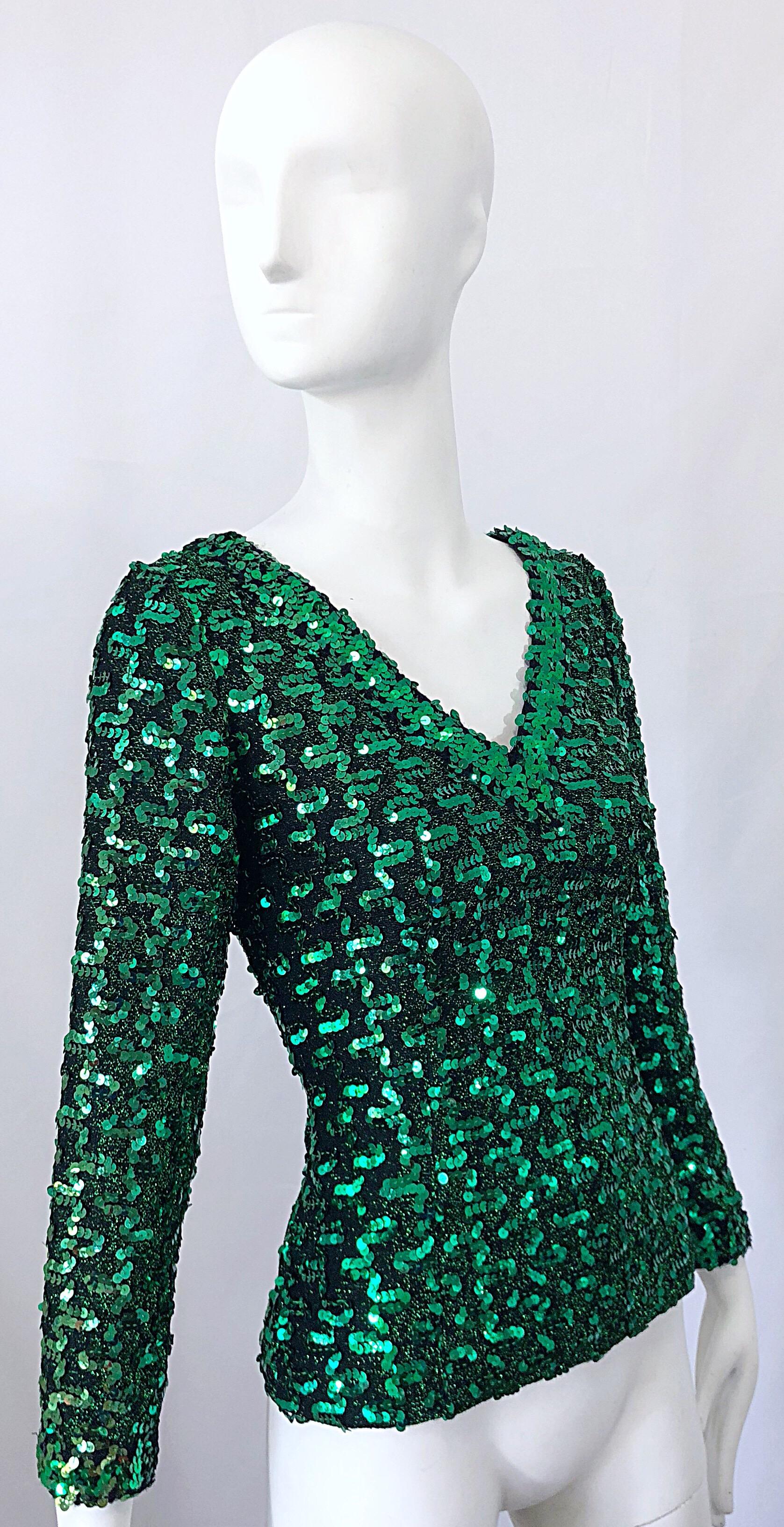 1970s Lilli Diamond Kelly Green Metallic Sequined Long Sleeve Knit Shirt Blouse For Sale 1