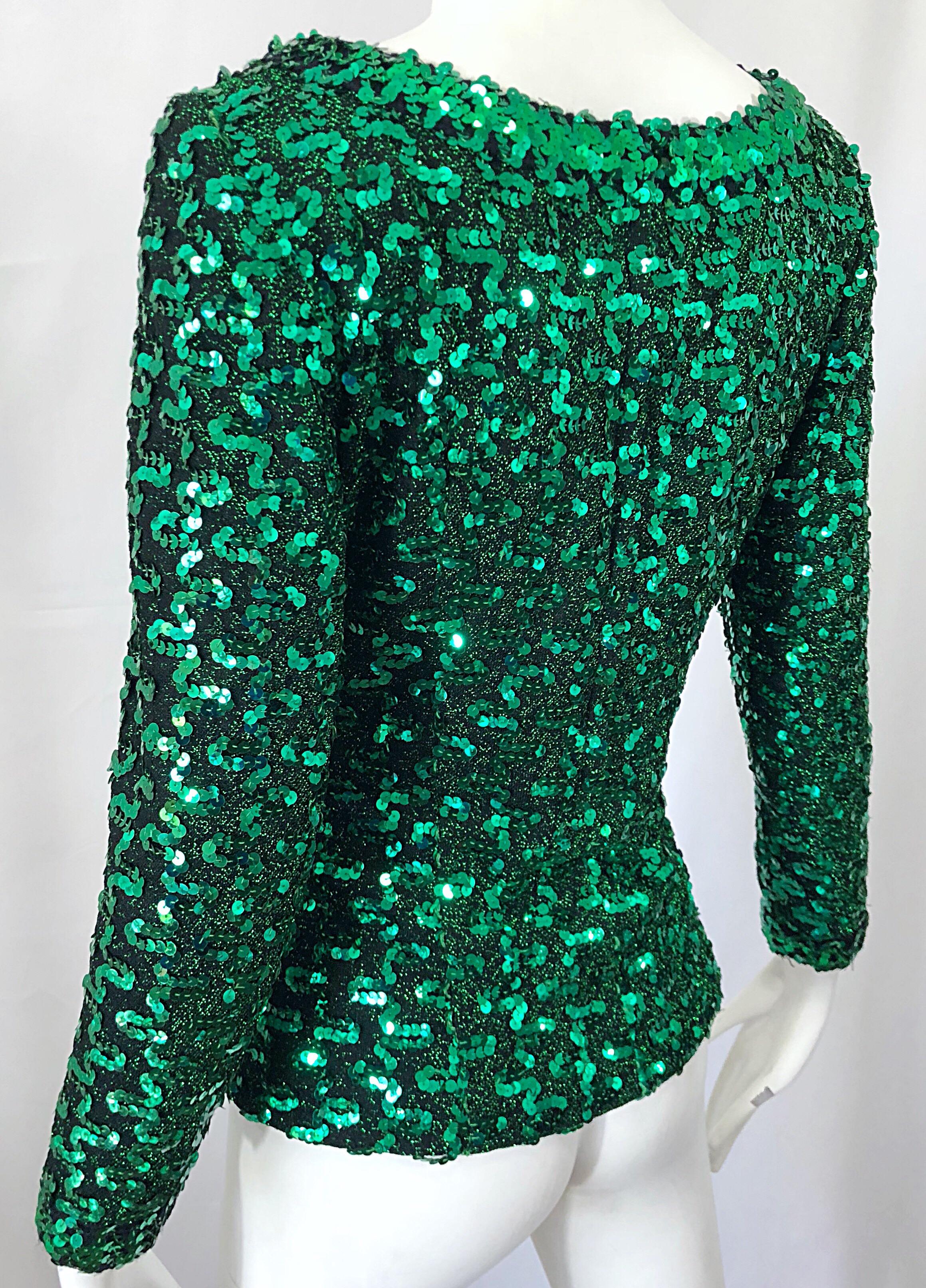 1970s Lilli Diamond Kelly Green Metallic Sequined Long Sleeve Knit Shirt Blouse For Sale 2