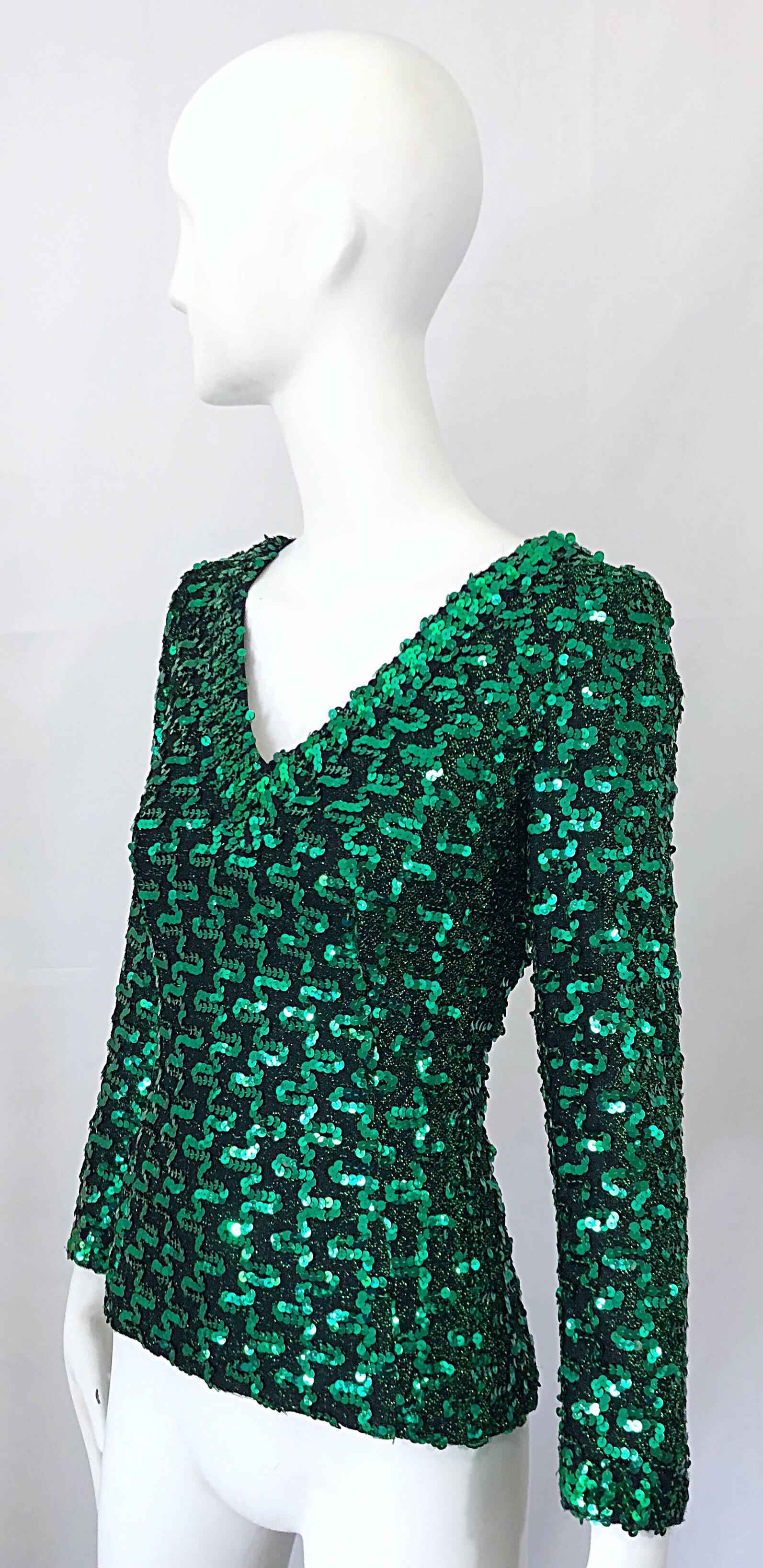 1970s Lilli Diamond Kelly Green Metallic Sequined Long Sleeve Knit Shirt Blouse For Sale 3
