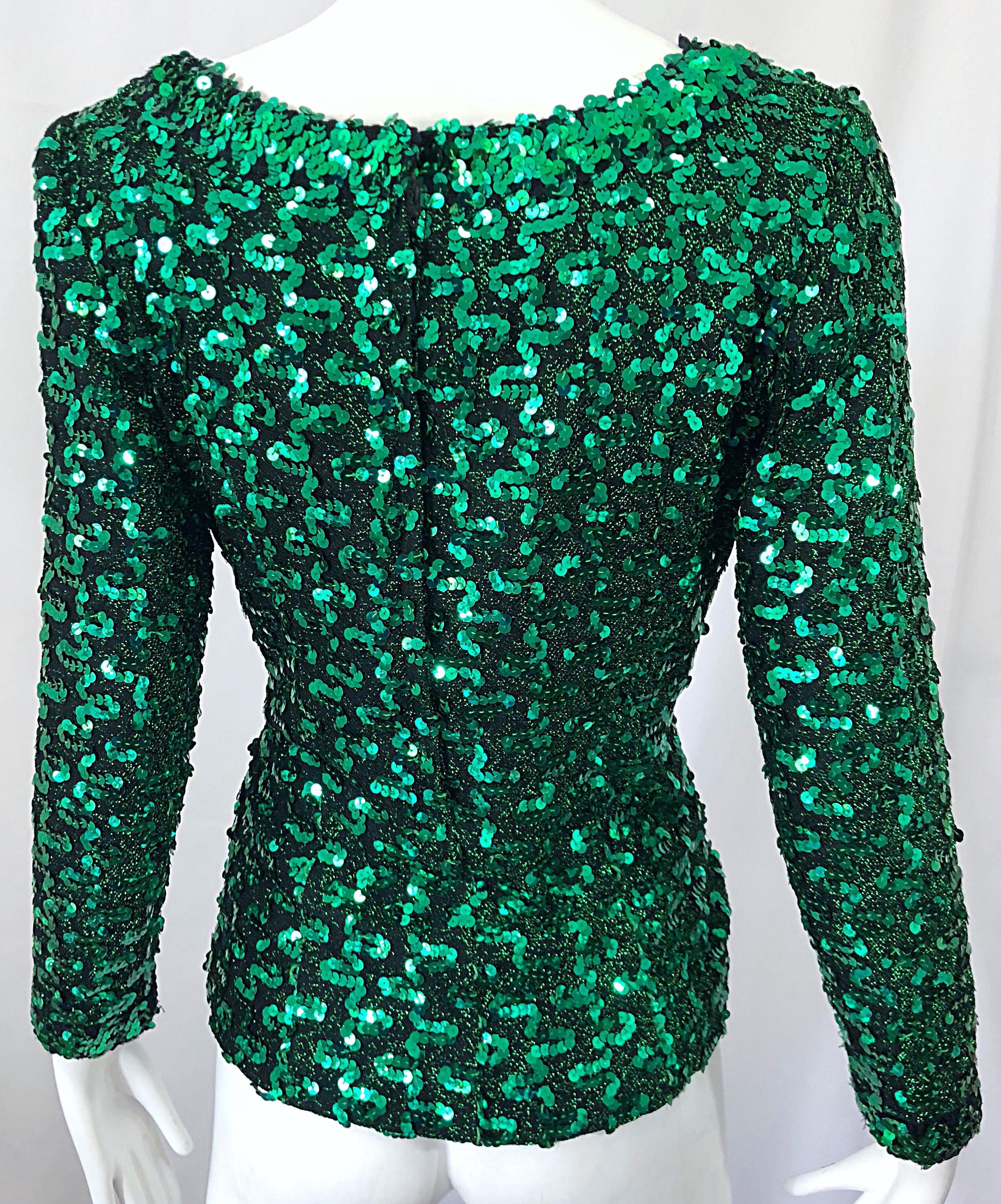 1970s Lilli Diamond Kelly Green Metallic Sequined Long Sleeve Knit Shirt Blouse For Sale 4