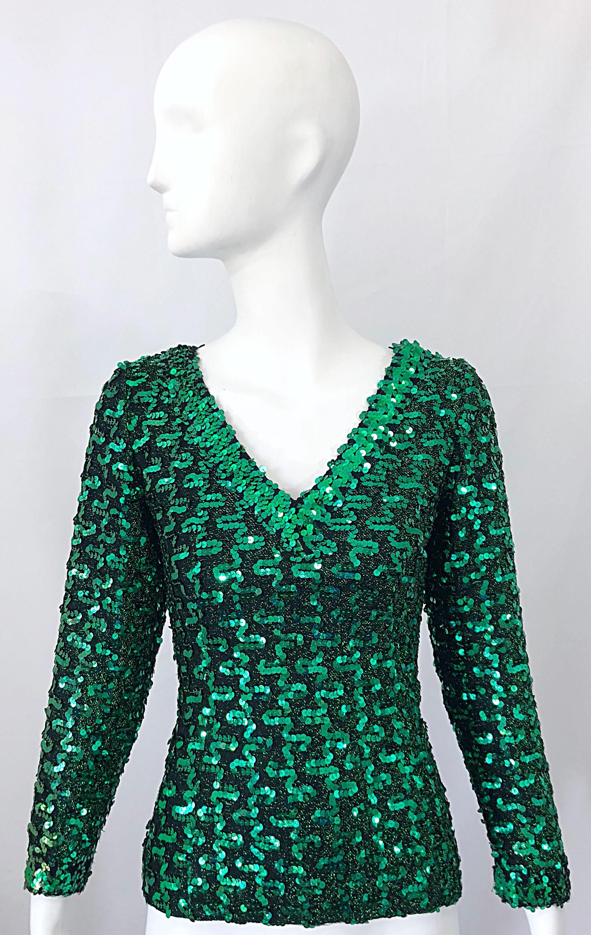 1970s Lilli Diamond Kelly Green Metallic Sequined Long Sleeve Knit Shirt Blouse For Sale 5