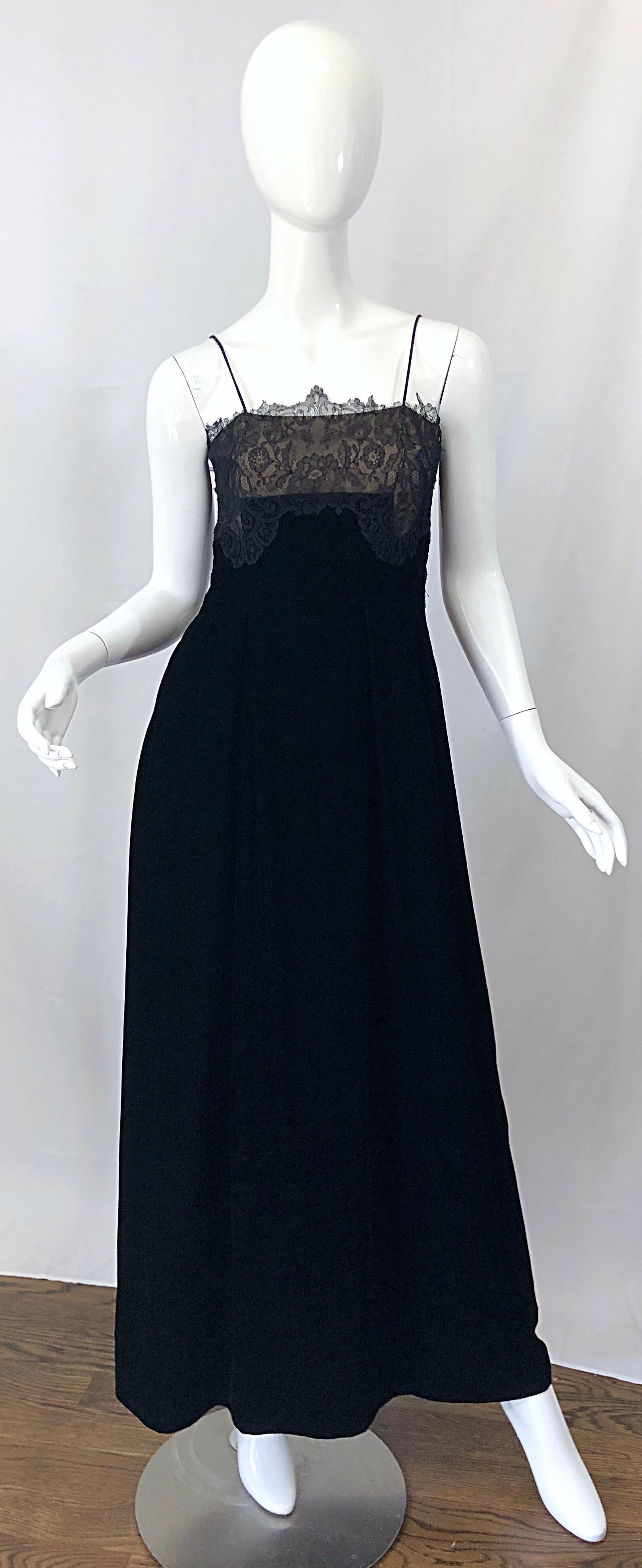 Beautiful late 70s RICHILENE for NEIMAN MARCUS black silk velvet and nude lace chiffon full length evening dress! Couture quality was my first impression upon inspecting this beauty. Inner boned bodice keeps everything in place. Luxurious black silk