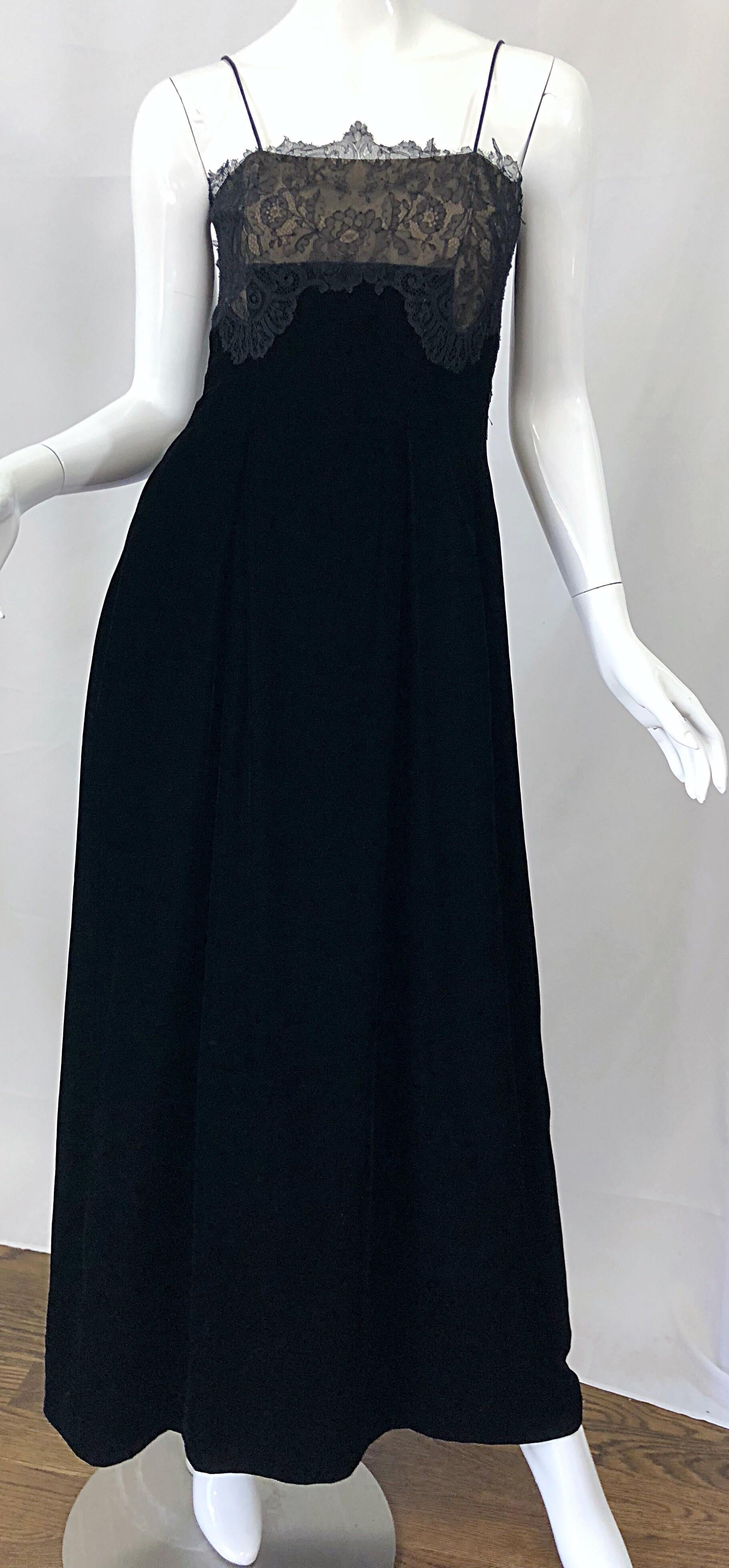 Women's Beautiful Vintage Richilene 1970s Black Silk Velvet + Nude Lace Chiffon Gown For Sale