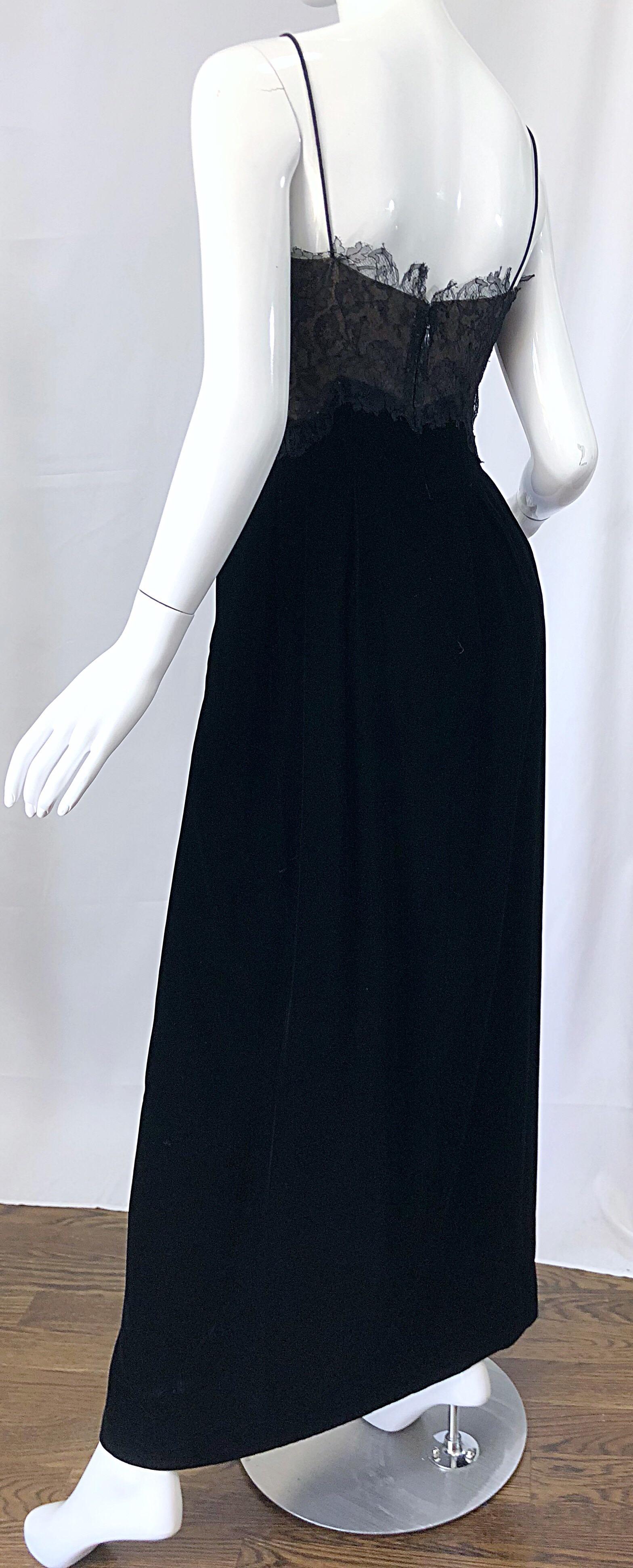 Beautiful Vintage Richilene 1970s Black Silk Velvet + Nude Lace Chiffon Gown For Sale 1