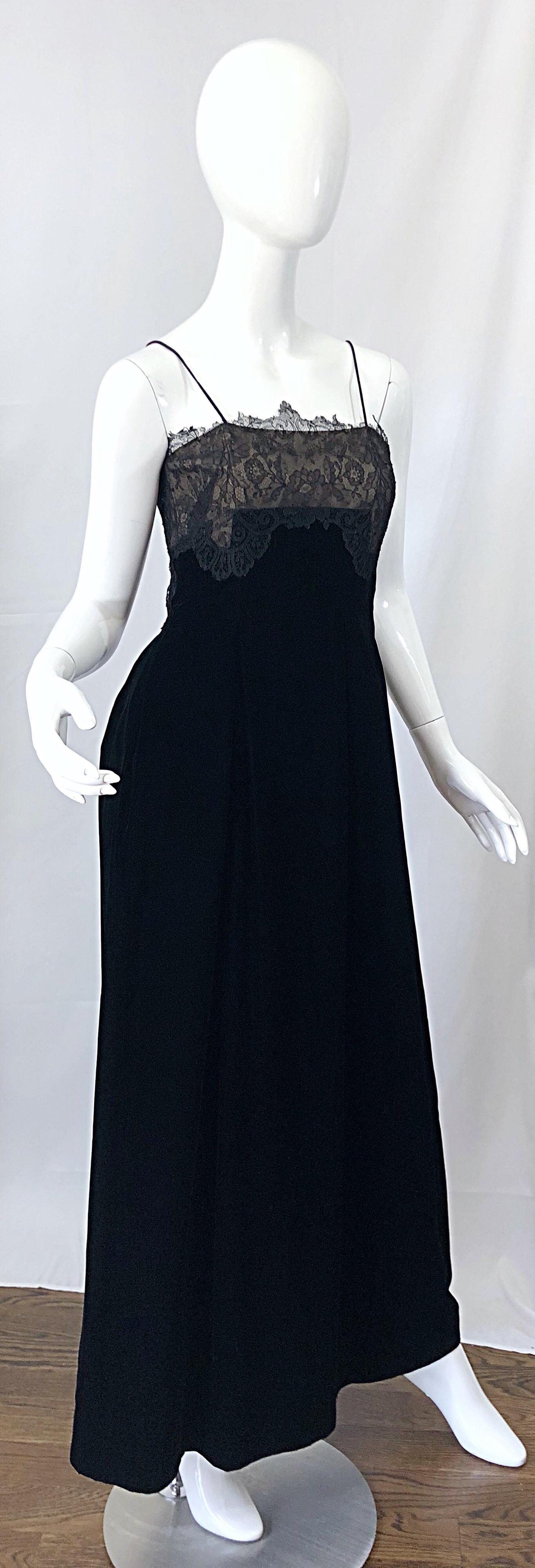 Beautiful Vintage Richilene 1970s Black Silk Velvet + Nude Lace Chiffon Gown For Sale 2