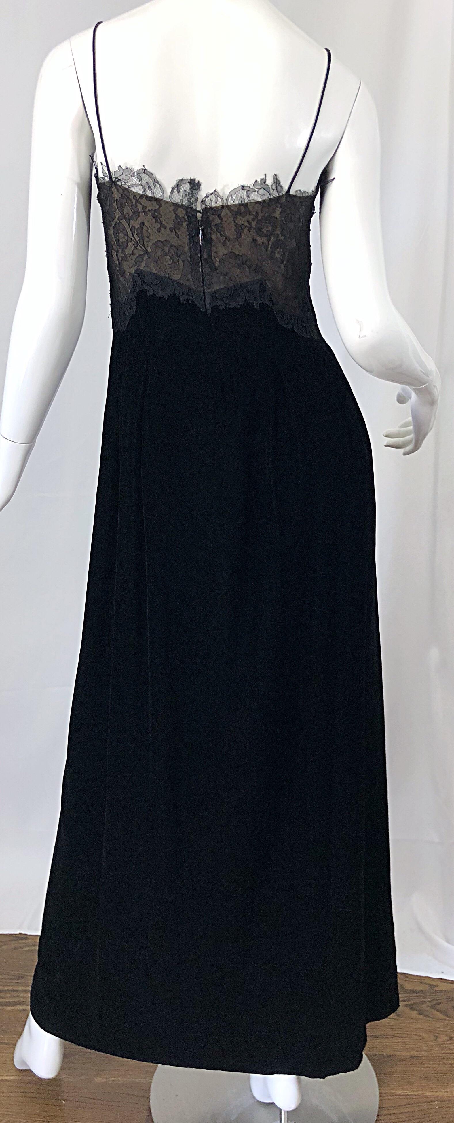 Beautiful Vintage Richilene 1970s Black Silk Velvet + Nude Lace Chiffon Gown For Sale 4