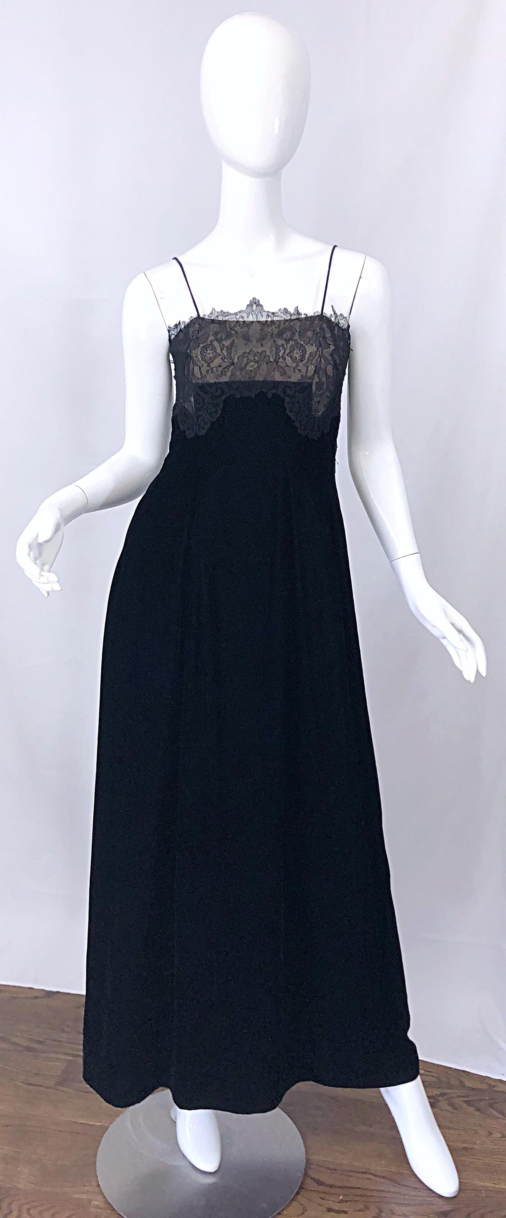 Beautiful Vintage Richilene 1970s Black Silk Velvet + Nude Lace Chiffon Gown For Sale 5