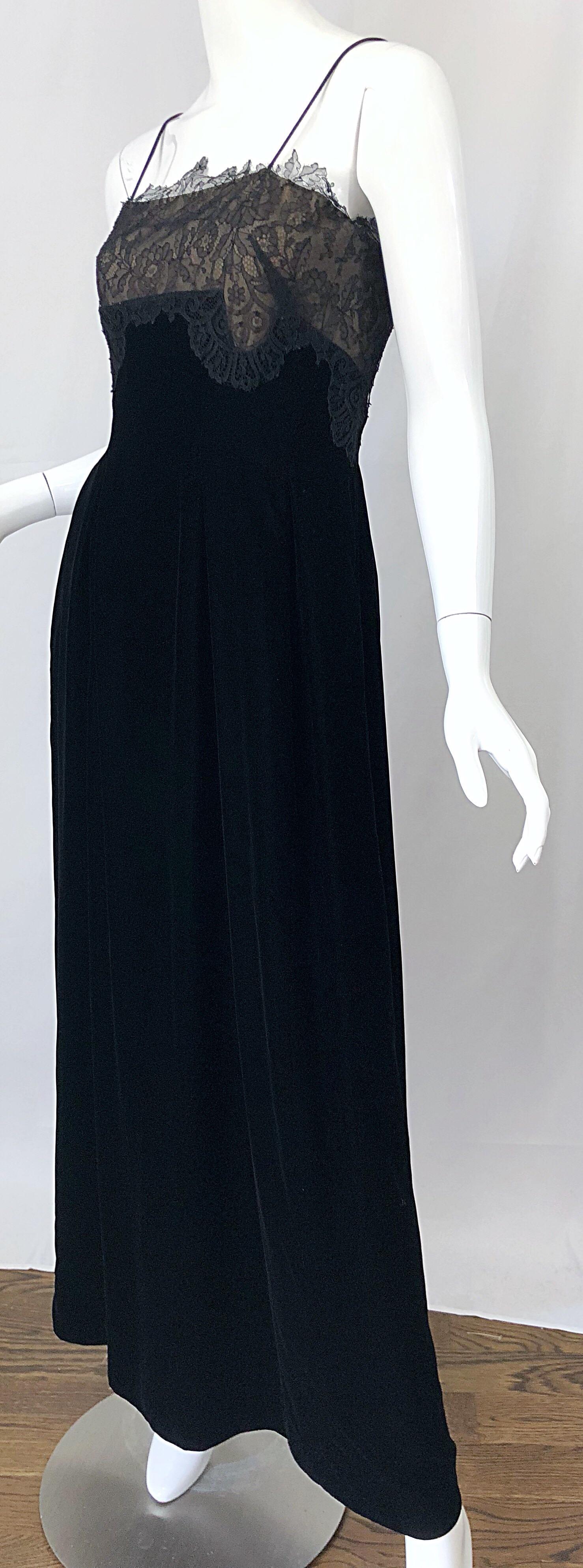 Beautiful Vintage Richilene 1970s Black Silk Velvet + Nude Lace Chiffon Gown For Sale 6