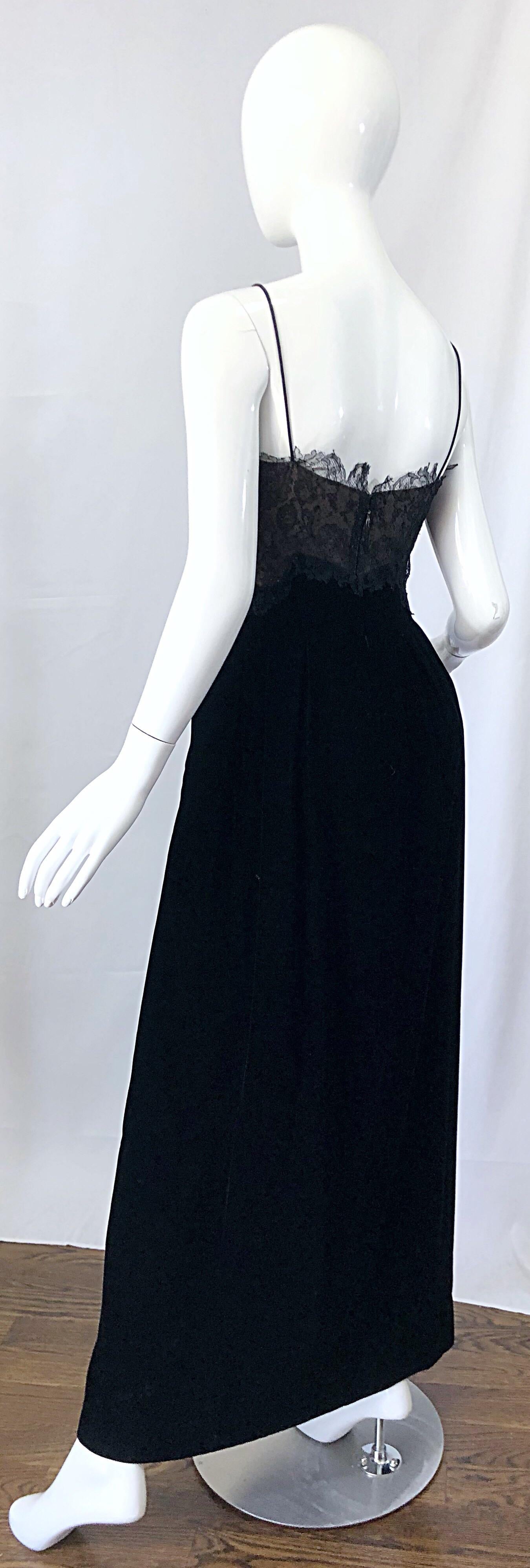 Beautiful Vintage Richilene 1970s Black Silk Velvet + Nude Lace Chiffon Gown For Sale 7