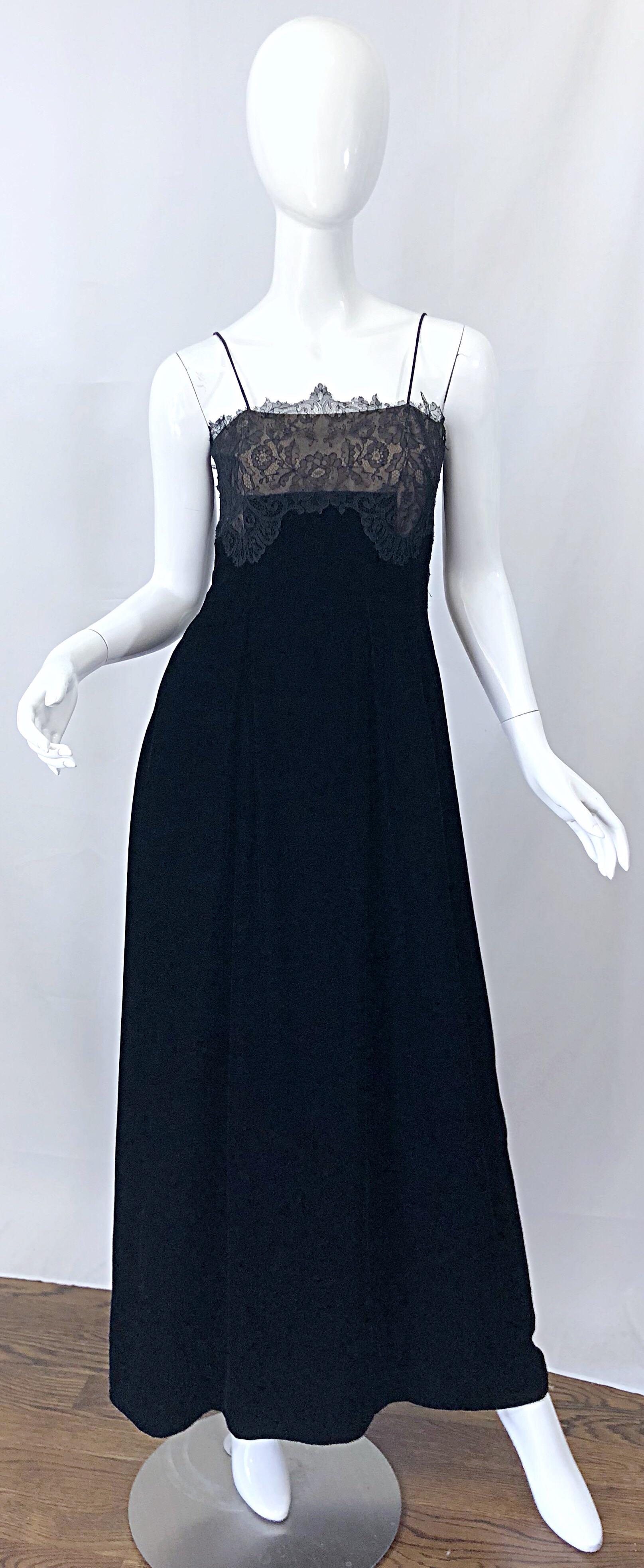 Beautiful Vintage Richilene 1970s Black Silk Velvet + Nude Lace Chiffon Gown For Sale 8