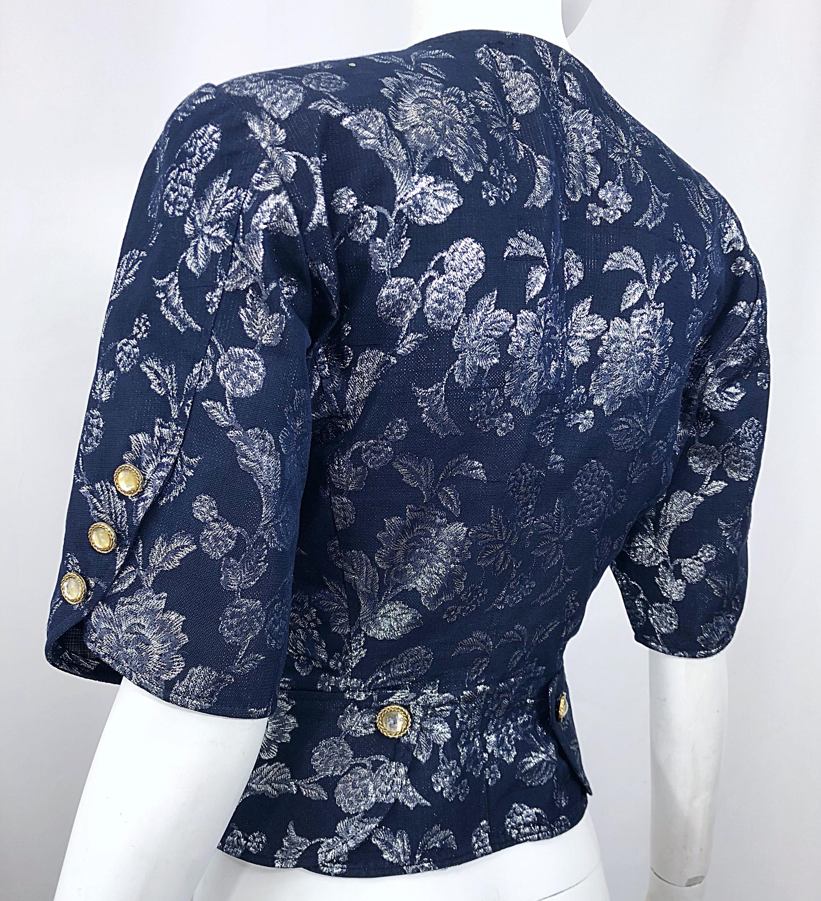 Vintage Emanuel Ungaro Blue + Silver Double Breasted Short Sleeve Blouse Jacket In Excellent Condition For Sale In San Diego, CA