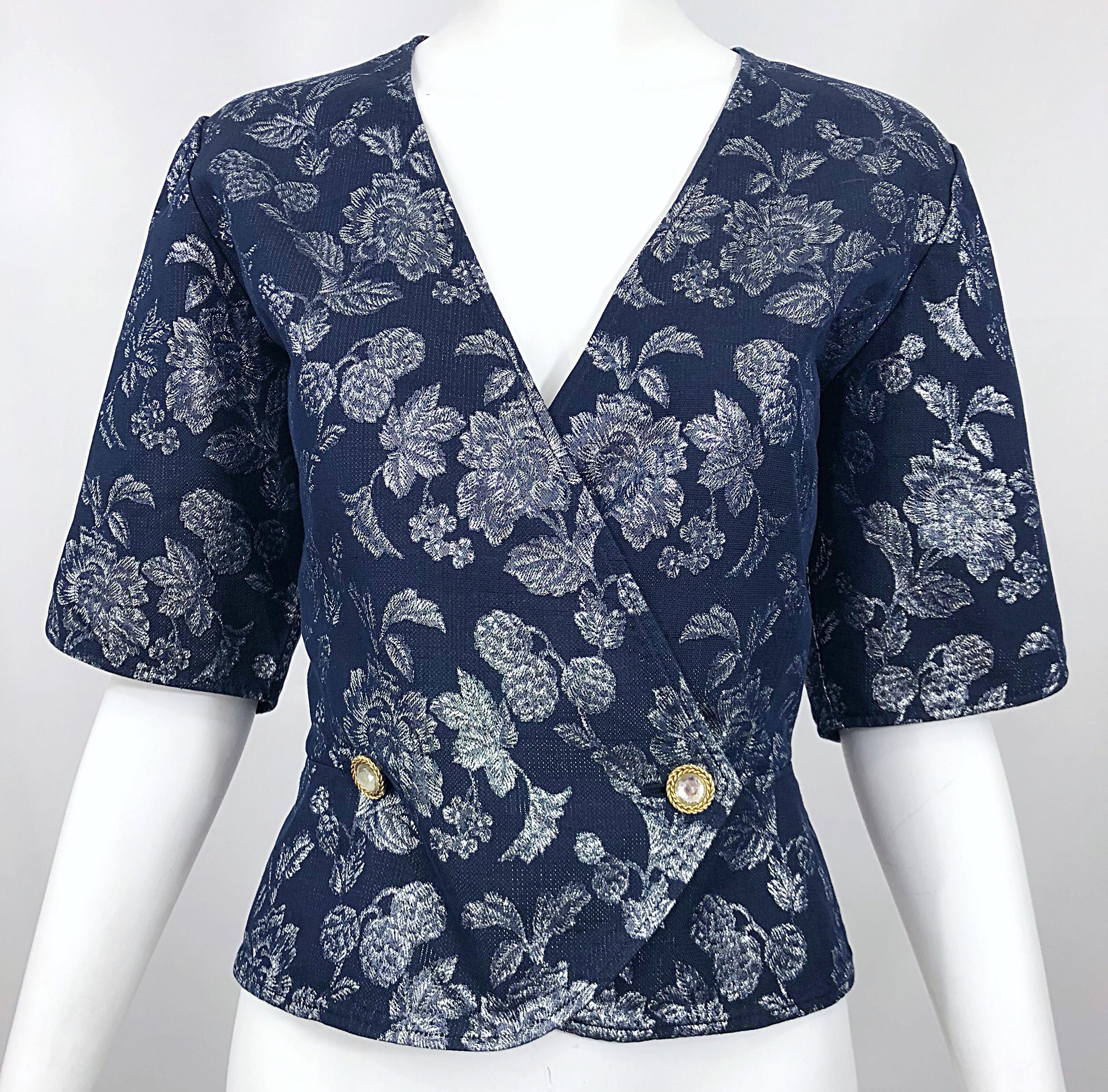 Women's Vintage Emanuel Ungaro Blue + Silver Double Breasted Short Sleeve Blouse Jacket For Sale