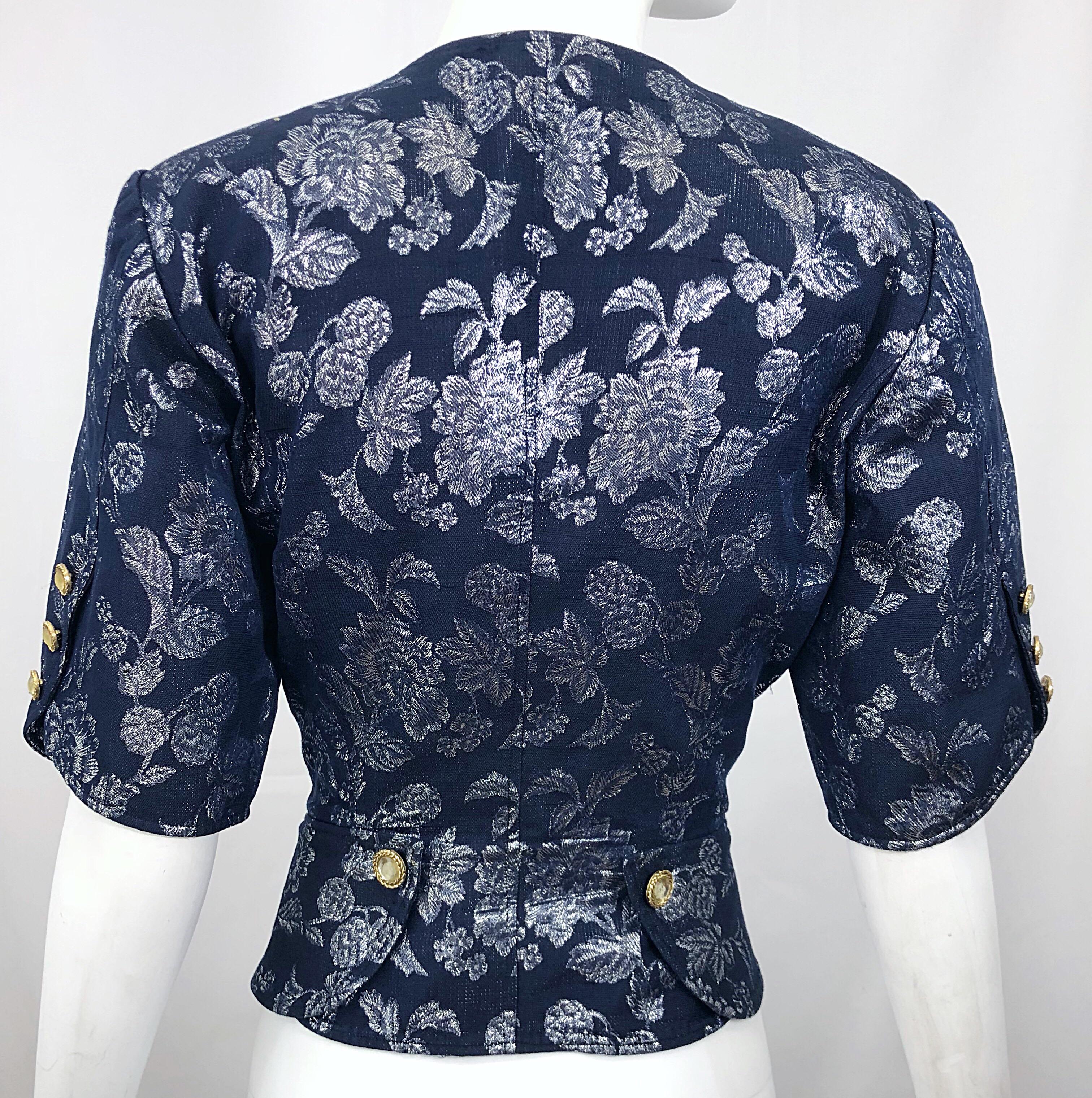 Vintage Emanuel Ungaro Blue + Silver Double Breasted Short Sleeve Blouse Jacket For Sale 2