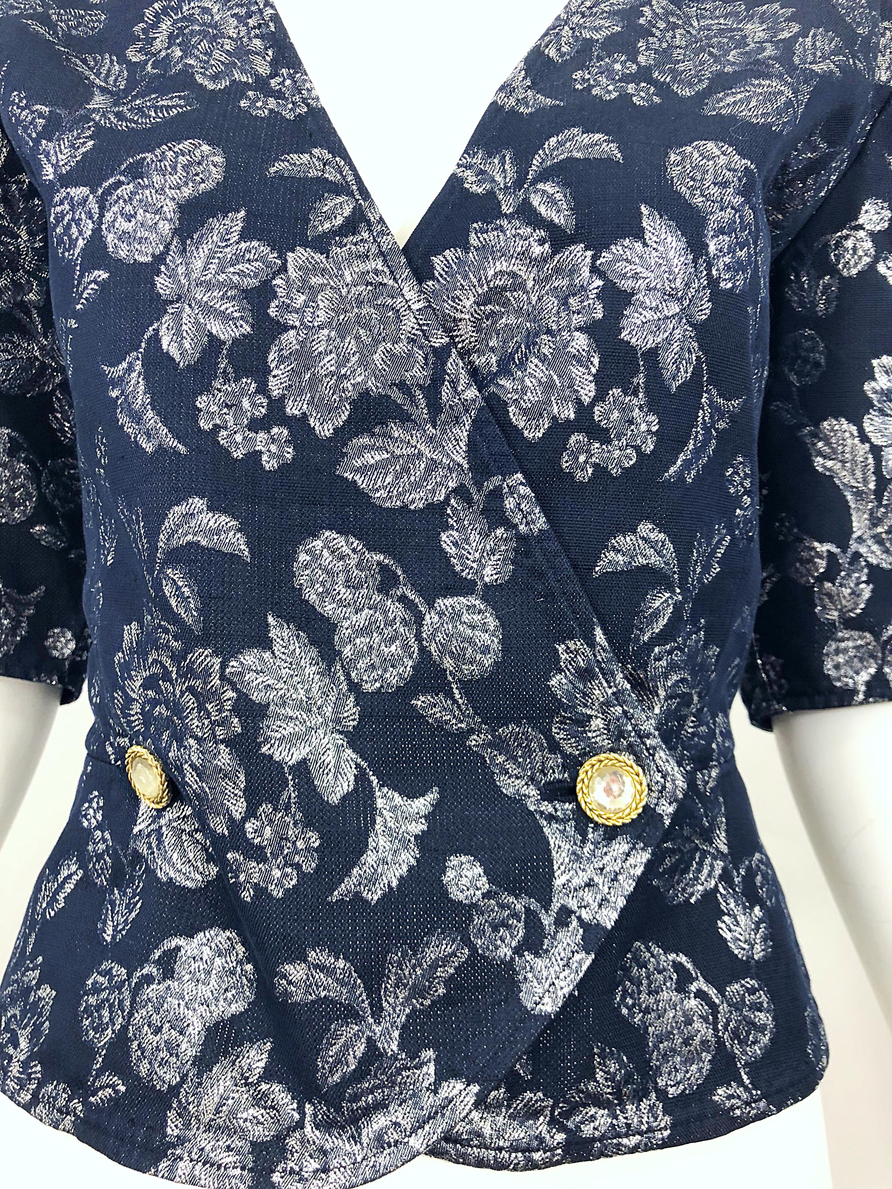 Vintage Emanuel Ungaro Blue + Silver Double Breasted Short Sleeve Blouse Jacket For Sale 3