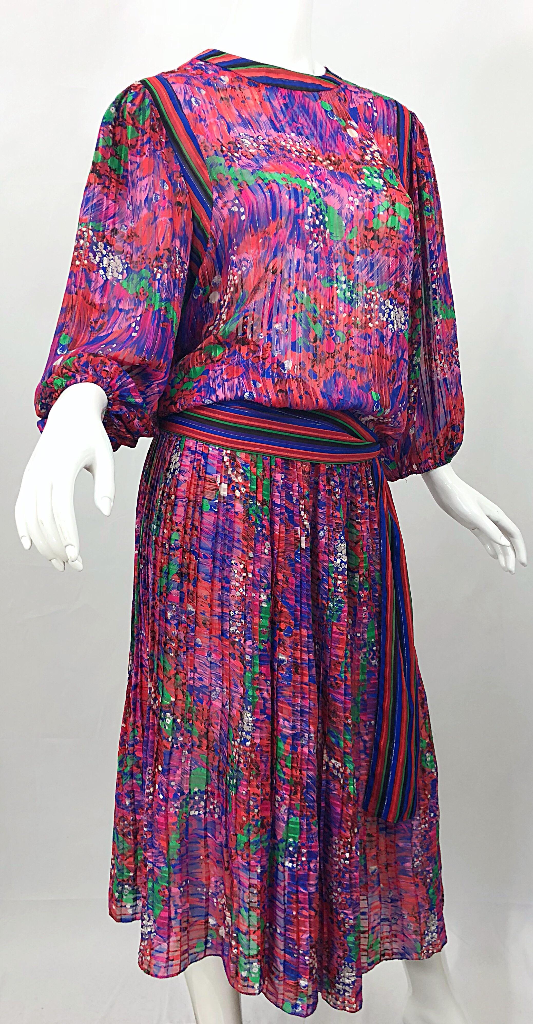 Women's Vintage Diane Freis 1980s Pink Purple Green Flowers Stripes Top and Skirt Dress For Sale