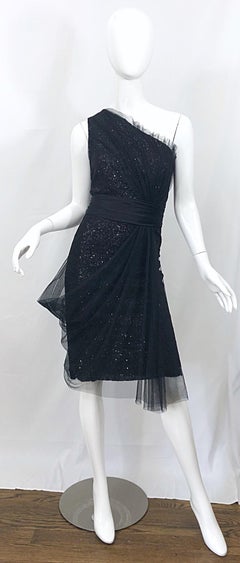 Vintage Liancarlo Couture Vintage Größe 12 90er Schwarzes One-Shoulder-Kleid aus Seide mit Pailletten 1990er
