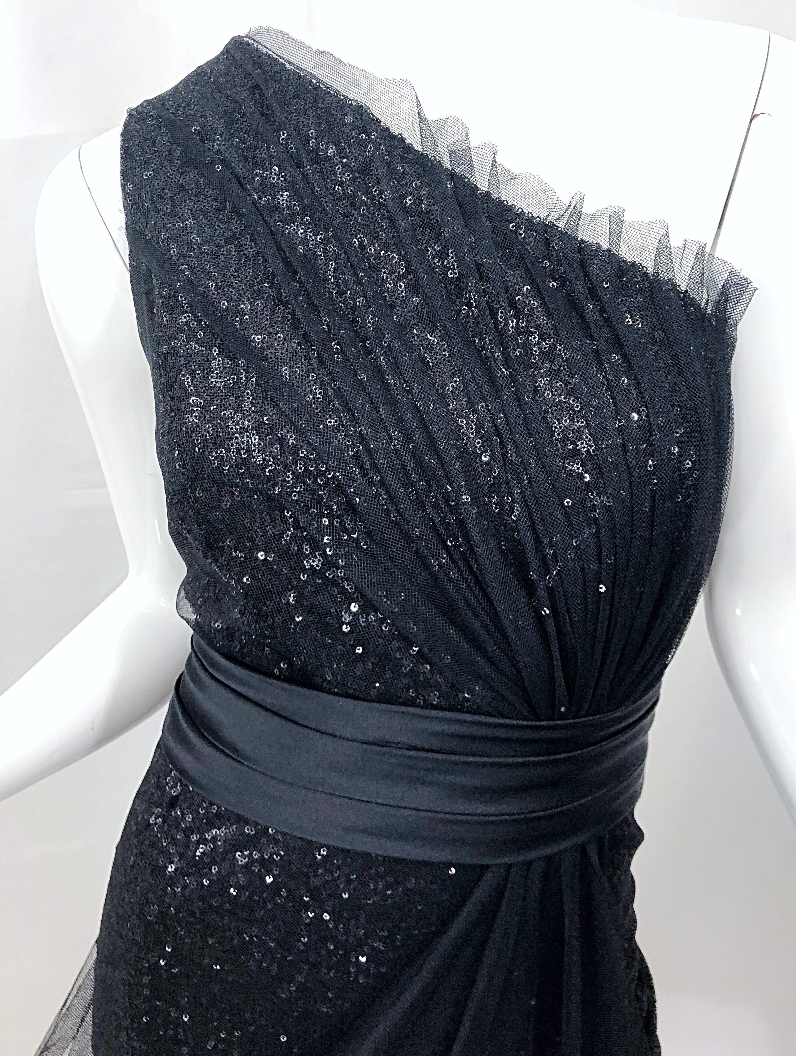 Vintage Liancarlo Couture Size 12 90s Black Silk One Shoulder 1990s Sequin Dress In Excellent Condition For Sale In San Diego, CA