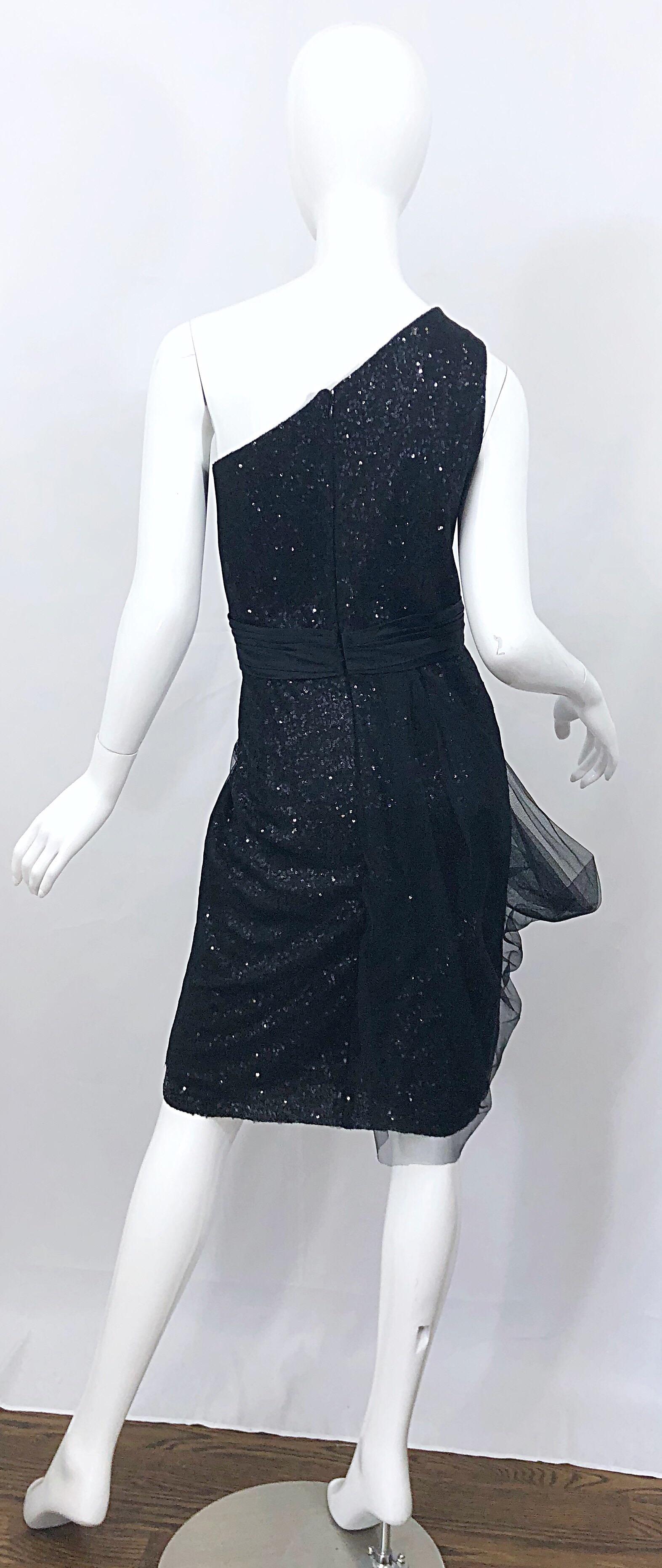 Women's Vintage Liancarlo Couture Size 12 90s Black Silk One Shoulder 1990s Sequin Dress For Sale