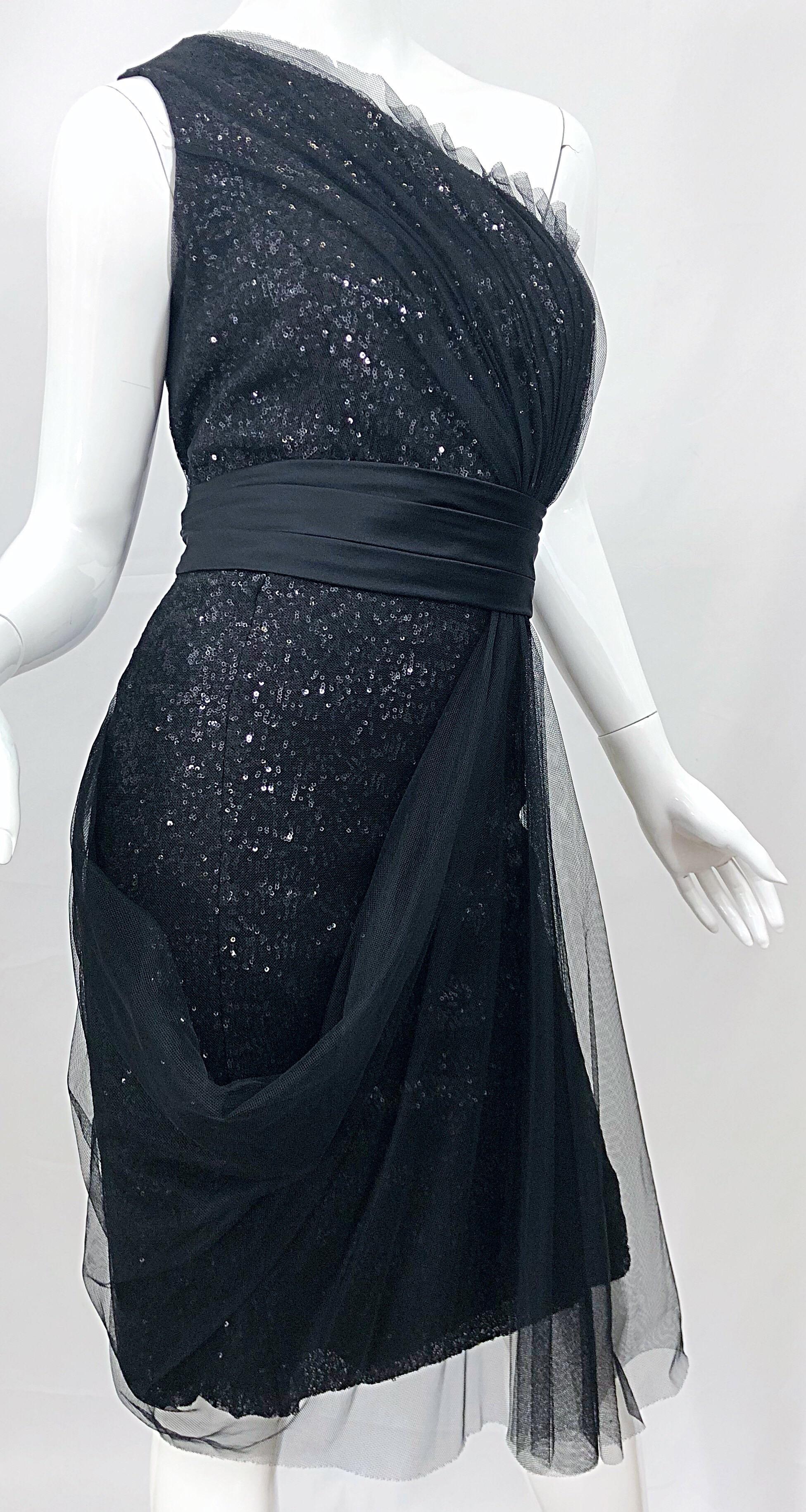 Vintage Liancarlo Couture Size 12 90s Black Silk One Shoulder 1990s Sequin Dress For Sale 1