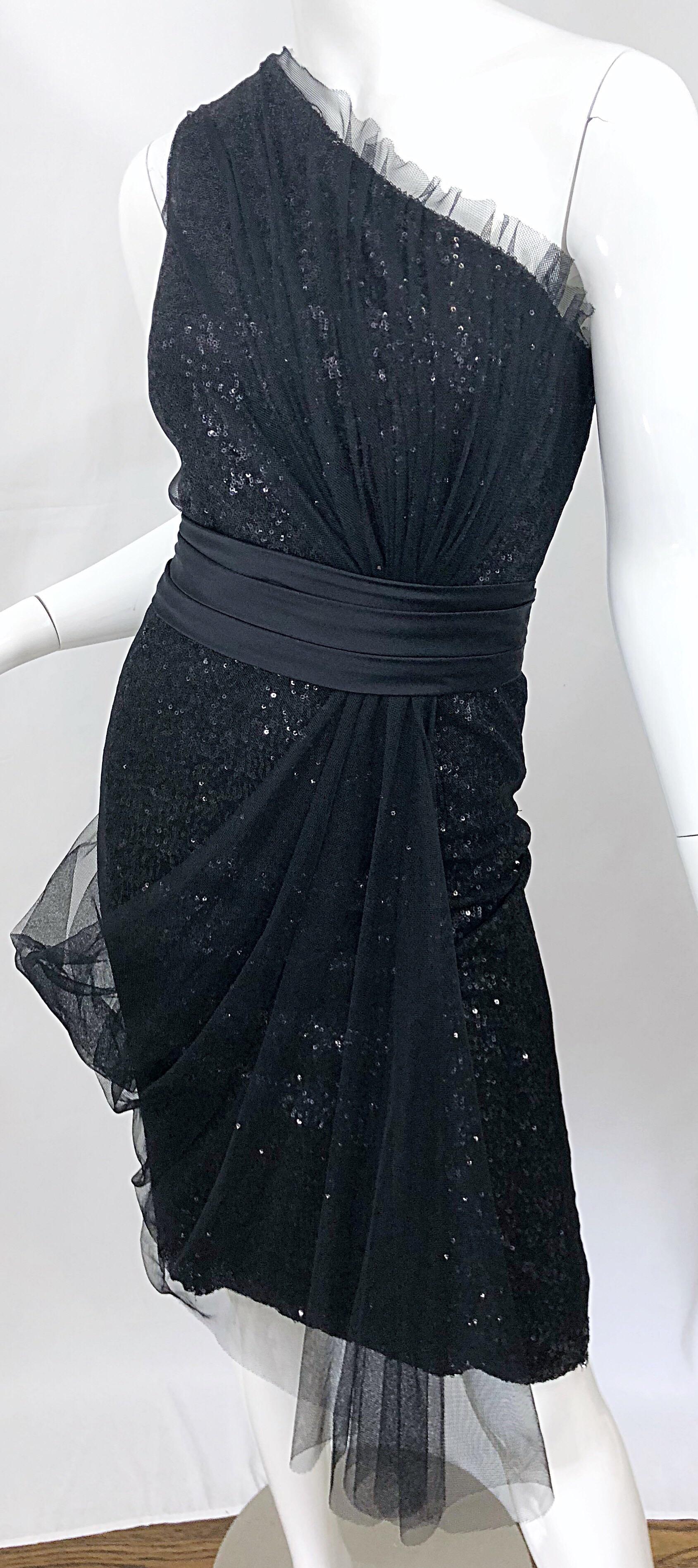 Vintage Liancarlo Couture Vintage Größe 12 90er Schwarzes One-Shoulder-Kleid aus Seide mit Pailletten 1990er im Angebot 2