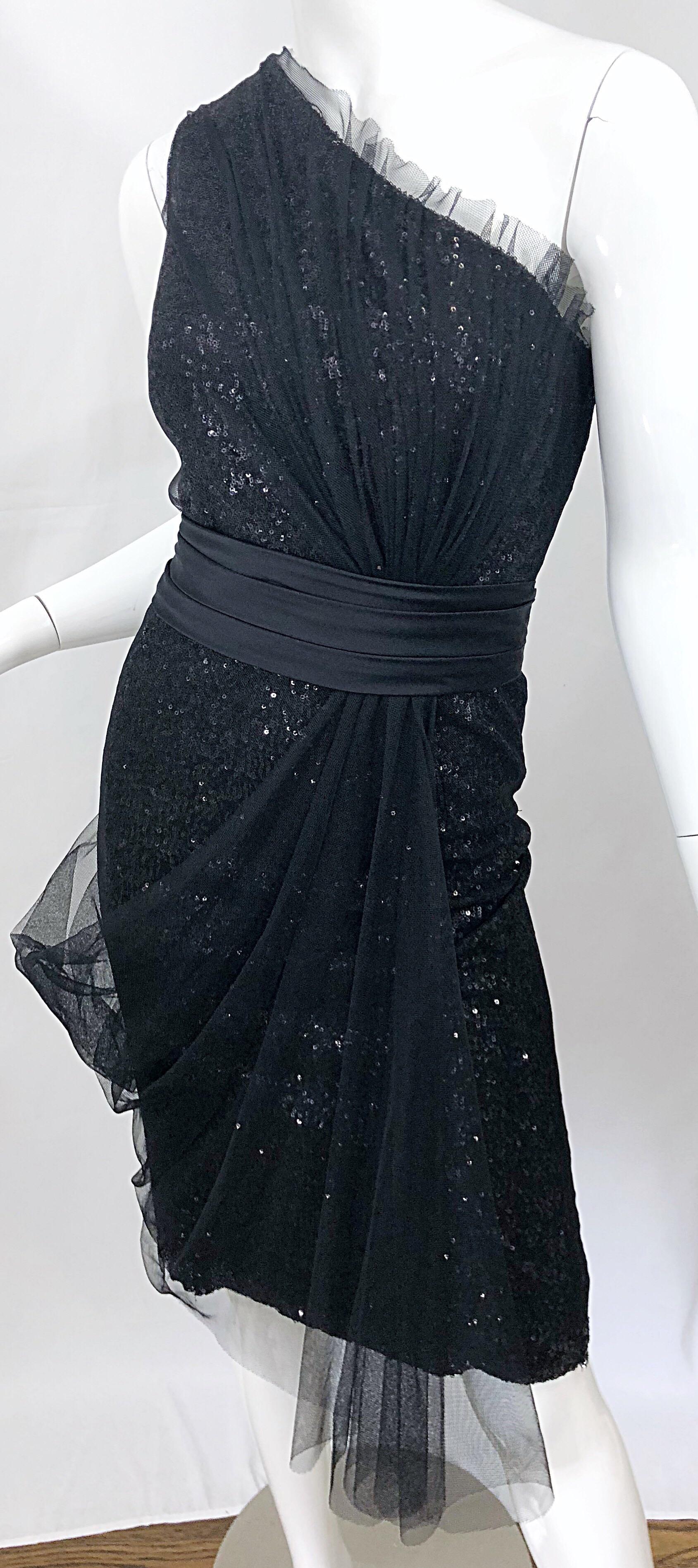 Vintage Liancarlo Couture Size 12 90s Black Silk One Shoulder 1990s Sequin Dress For Sale 2