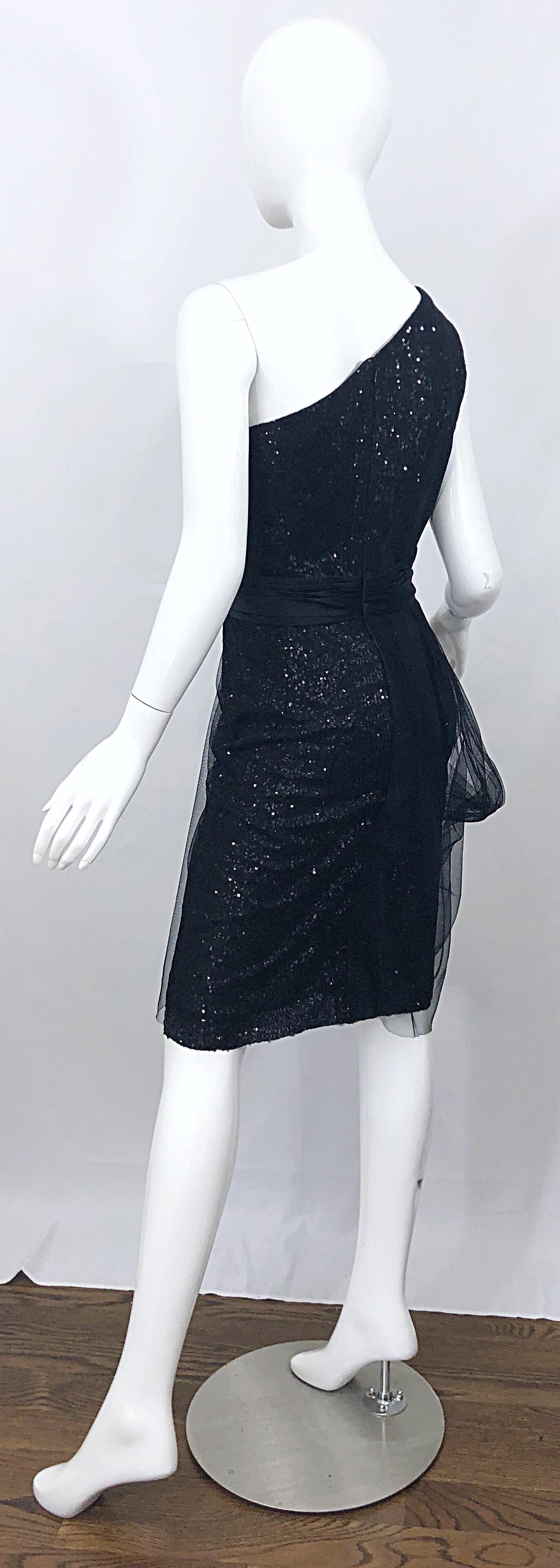 Vintage Liancarlo Couture Size 12 90s Black Silk One Shoulder 1990s Sequin Dress For Sale 3