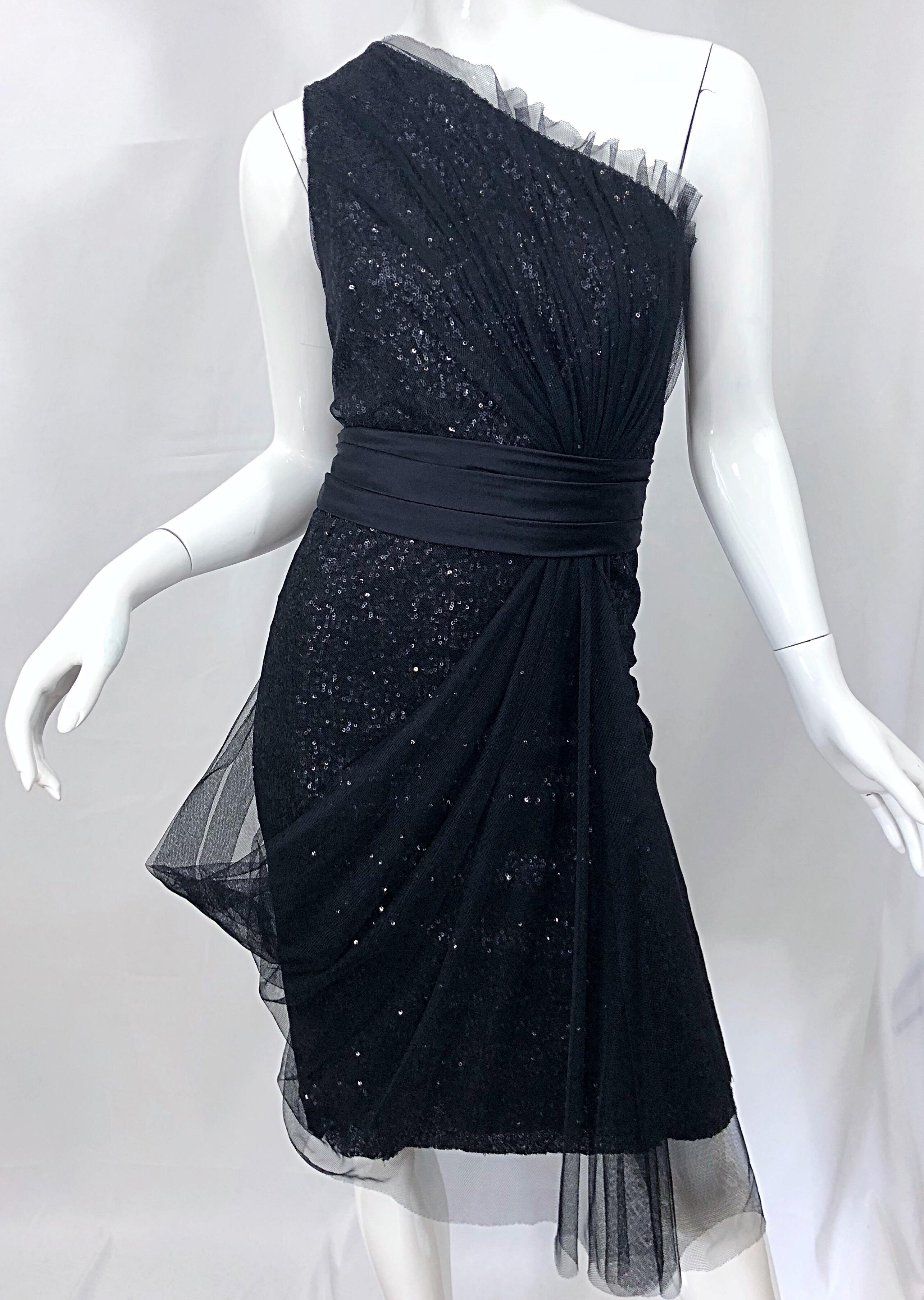 Vintage Liancarlo Couture Size 12 90s Black Silk One Shoulder 1990s Sequin Dress For Sale 4
