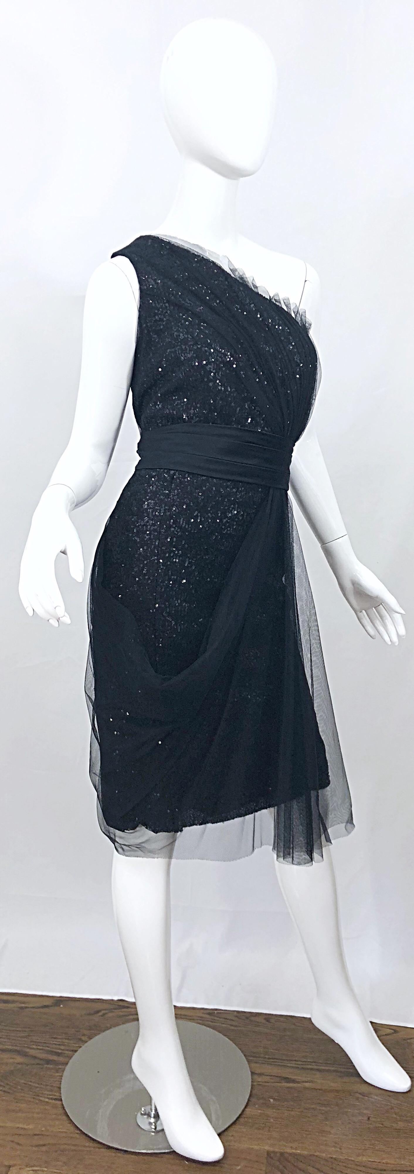 Vintage Liancarlo Couture Size 12 90s Black Silk One Shoulder 1990s Sequin Dress For Sale 5