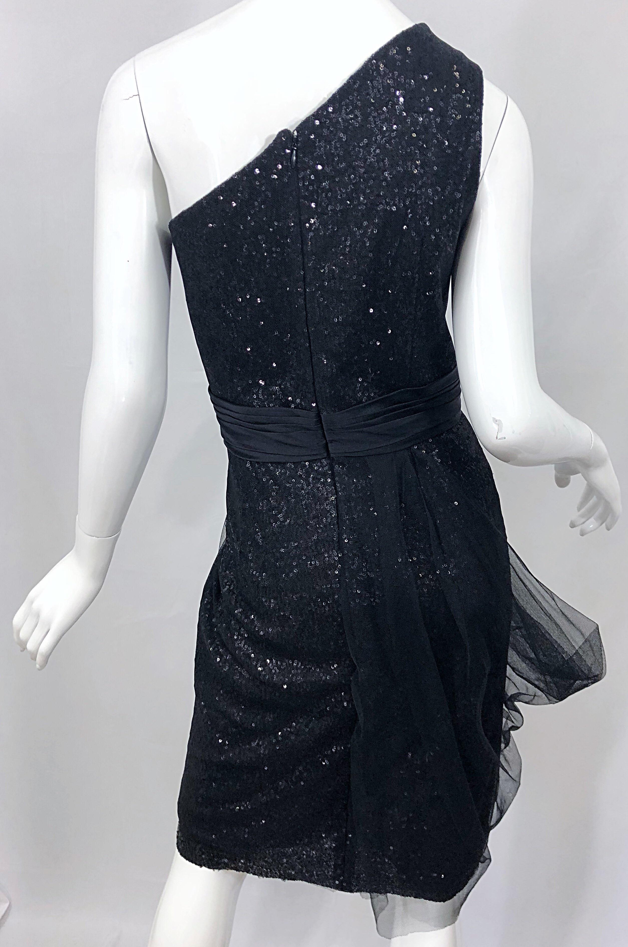Vintage Liancarlo Couture Size 12 90s Black Silk One Shoulder 1990s Sequin Dress For Sale 6