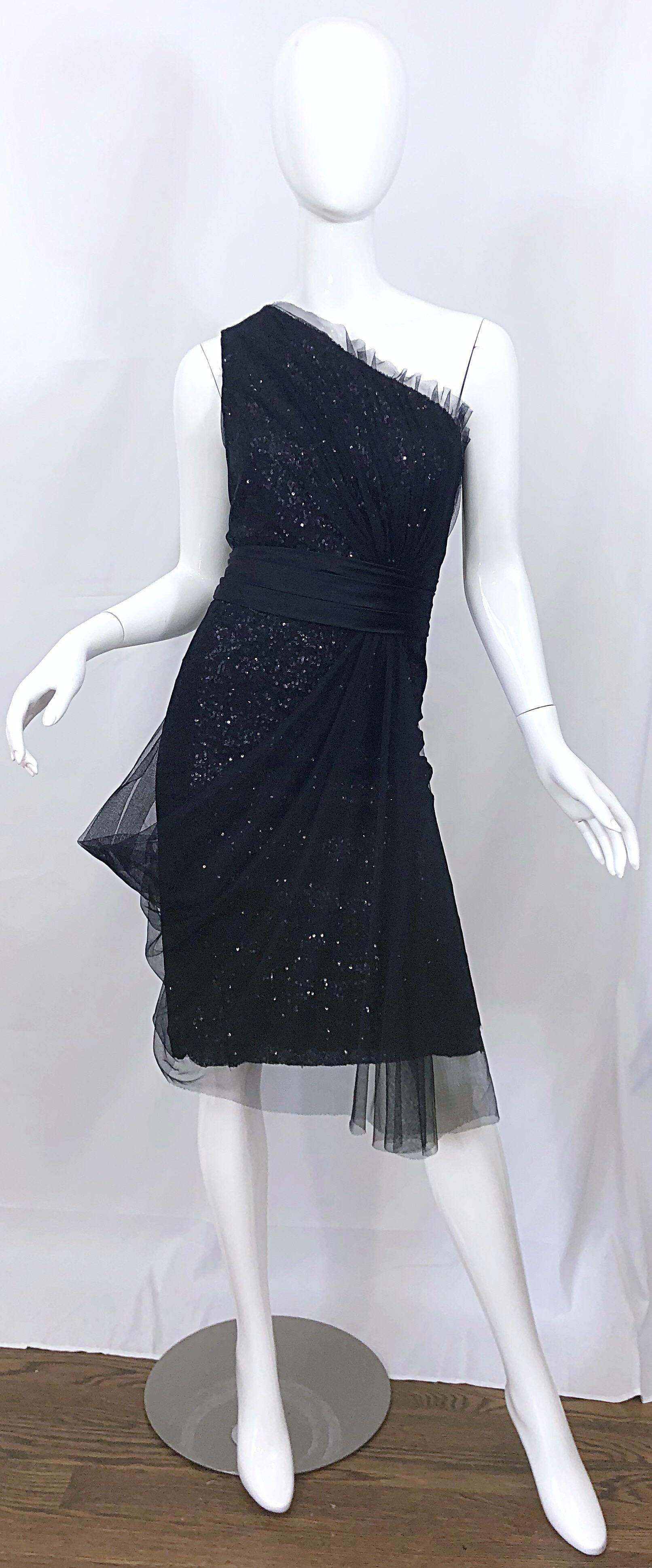 Vintage Liancarlo Couture Size 12 90s Black Silk One Shoulder 1990s Sequin Dress For Sale 7