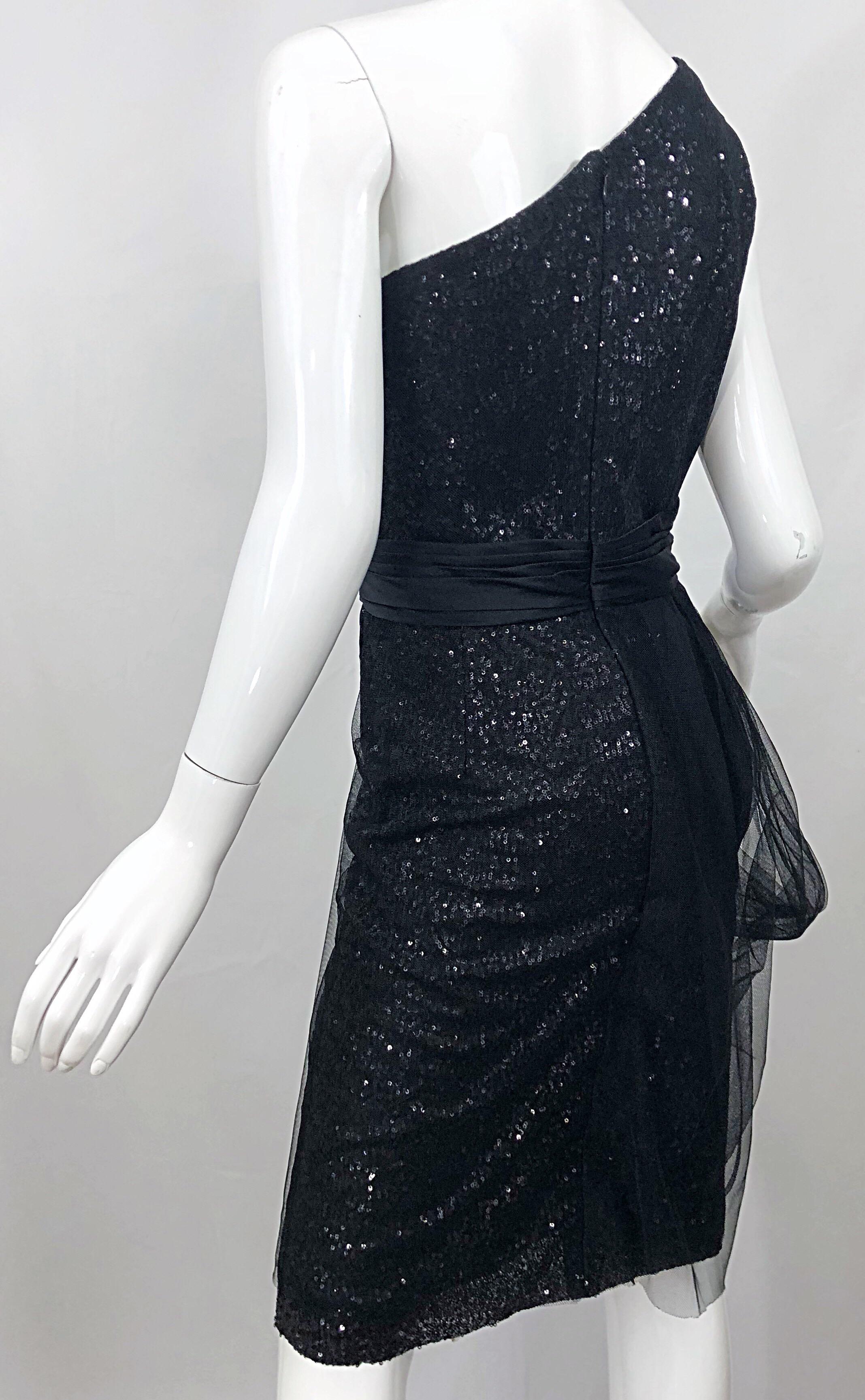 Vintage Liancarlo Couture Size 12 90s Black Silk One Shoulder 1990s Sequin Dress For Sale 8