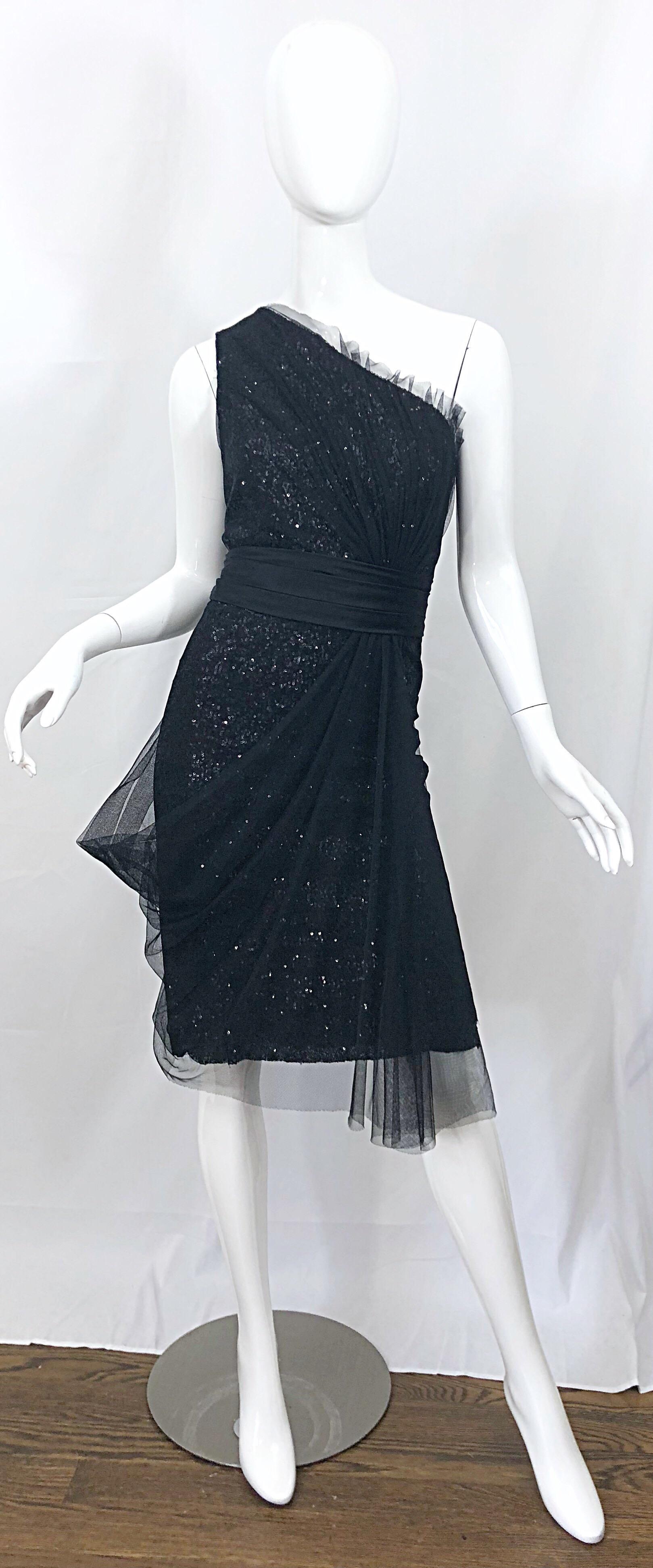 Vintage Liancarlo Couture Size 12 90s Black Silk One Shoulder 1990s Sequin Dress For Sale 9