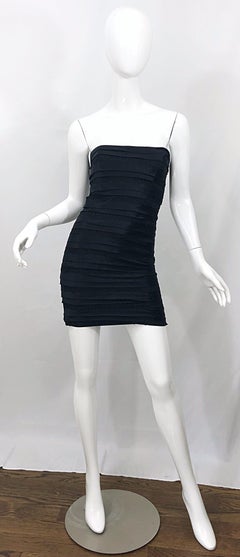 Vintage Herve Leger 1990s Black Silk Lace Strapless Bandage 90s Sexy Mini Dress