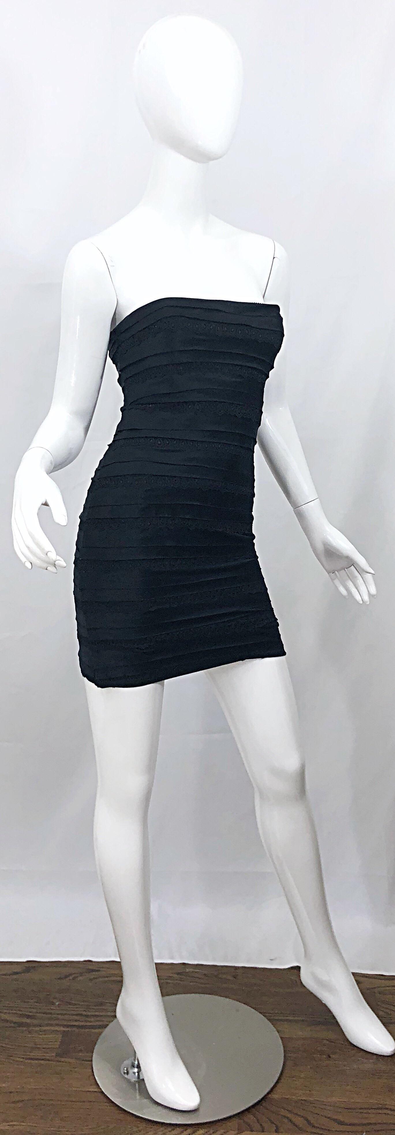 Vintage Herve Leger 1990s Black Silk Lace Strapless Bandage 90s Sexy Mini Dress In Excellent Condition For Sale In San Diego, CA