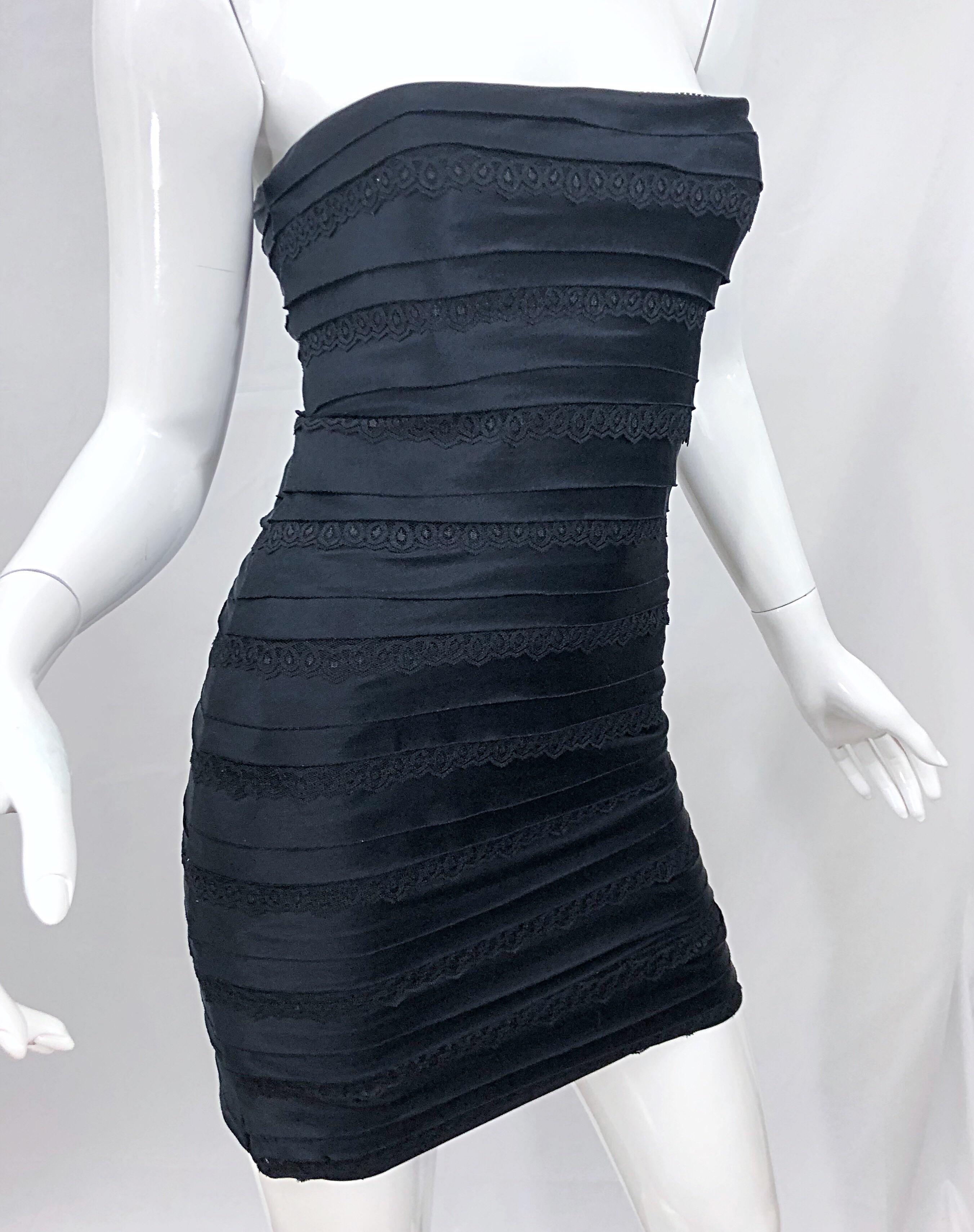 Vintage Herve Leger 1990s Black Silk Lace Strapless Bandage 90s Sexy Mini Dress For Sale 1