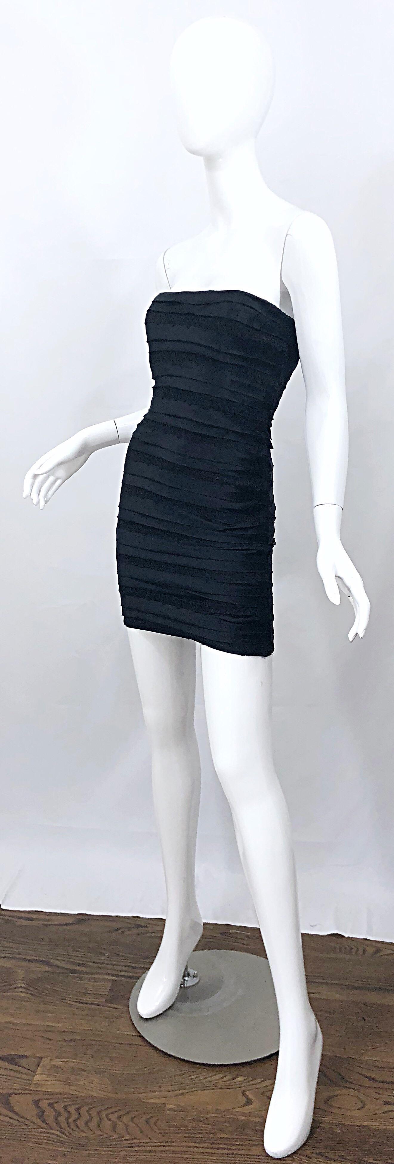 Vintage Herve Leger 1990s Black Silk Lace Strapless Bandage 90s Sexy Mini Dress For Sale 2