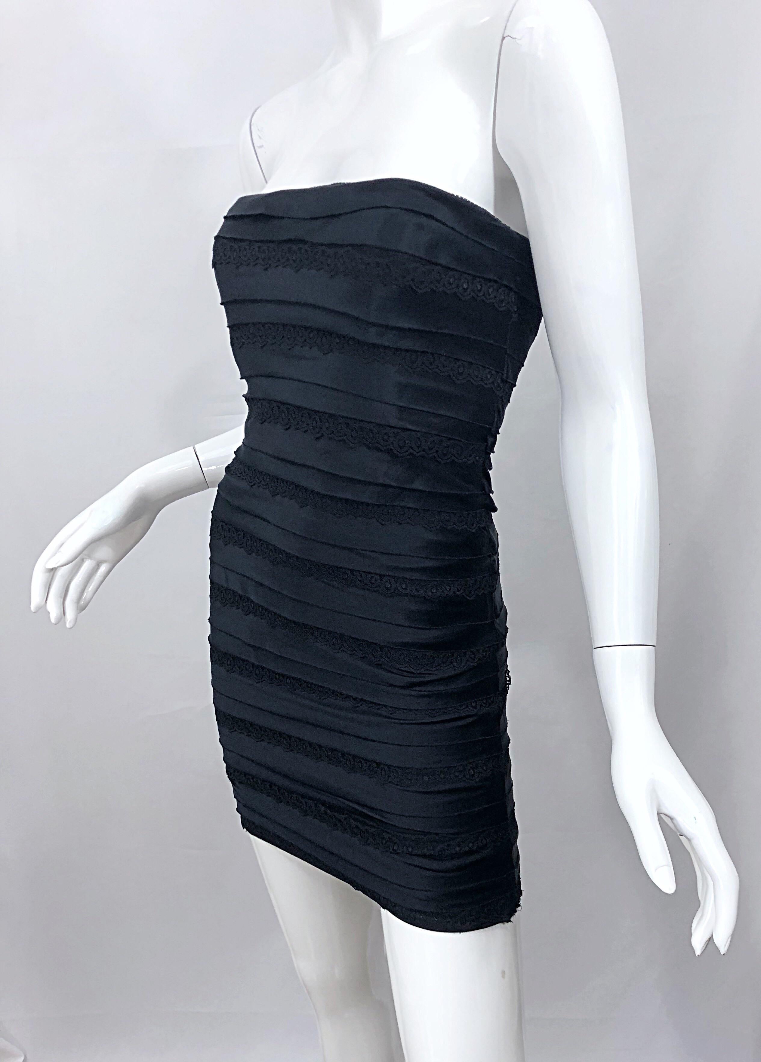 Vintage Herve Leger 1990s Black Silk Lace Strapless Bandage 90s Sexy Mini Dress For Sale 3