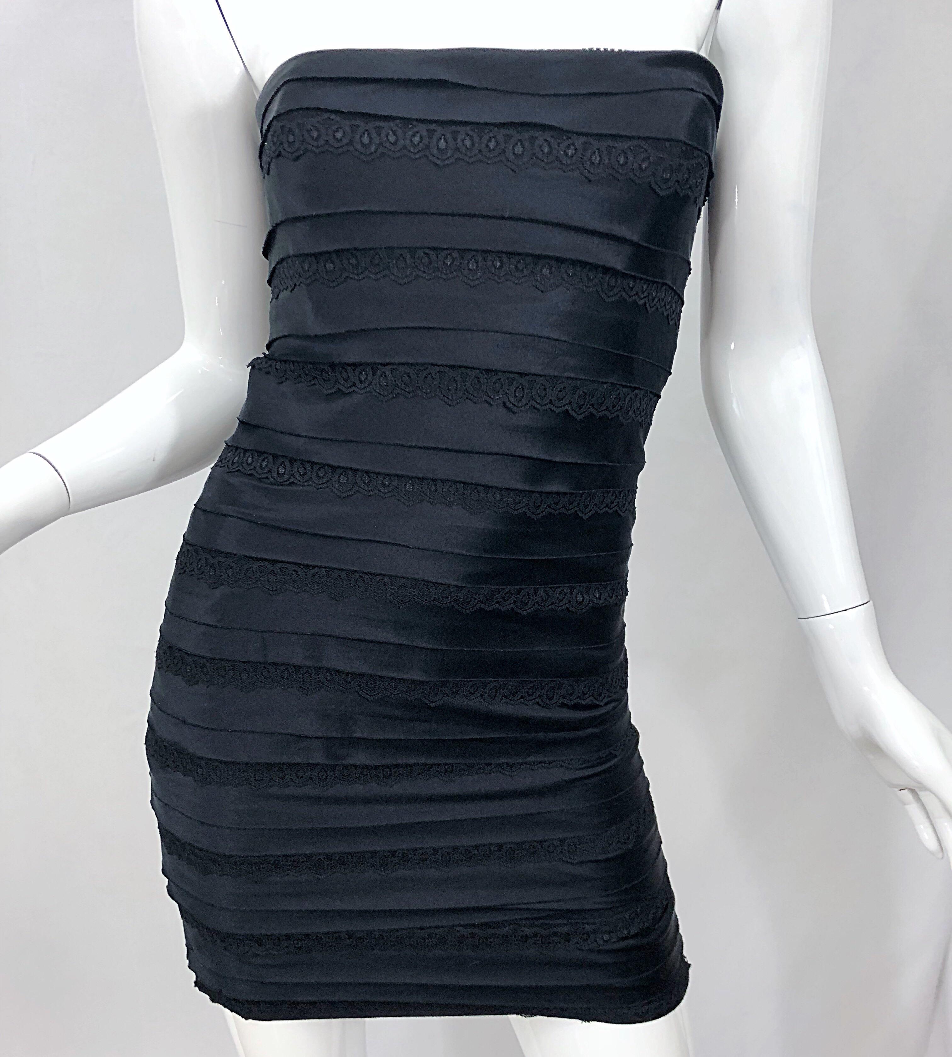 Vintage Herve Leger 1990s Black Silk Lace Strapless Bandage 90s Sexy Mini Dress For Sale 4