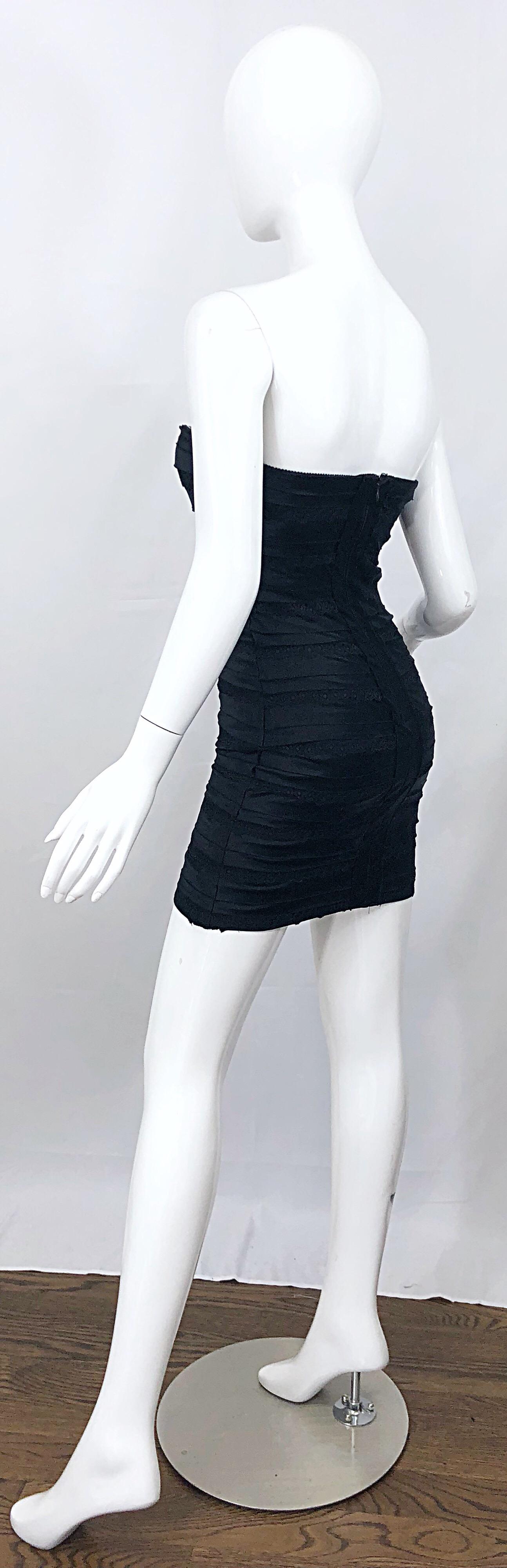 Vintage Herve Leger 1990s Black Silk Lace Strapless Bandage 90s Sexy Mini Dress For Sale 5