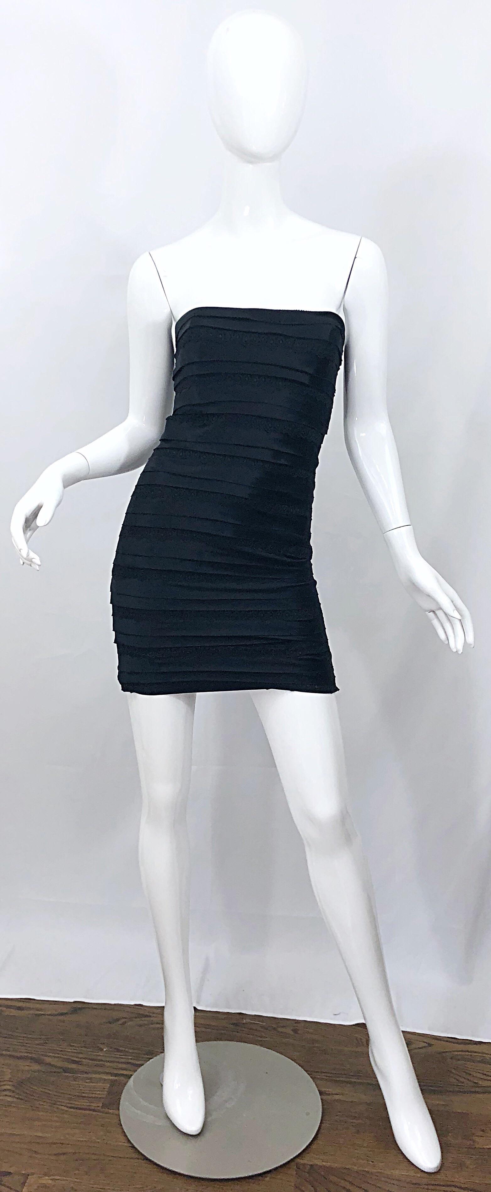 Vintage Herve Leger 1990s Black Silk Lace Strapless Bandage 90s Sexy Mini Dress in vendita 8