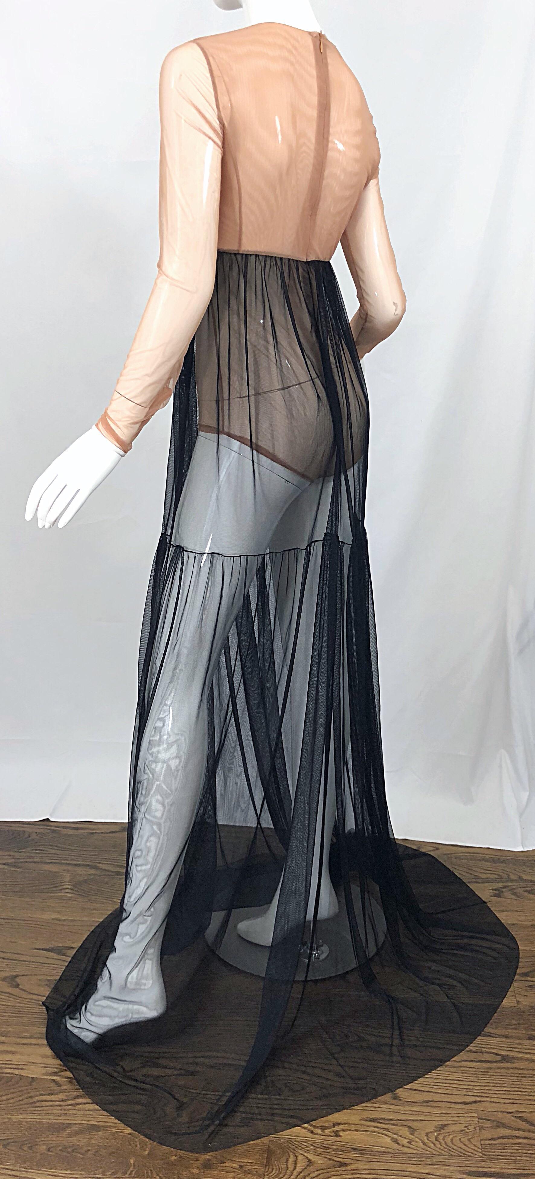 Women's Michael Kors Collection Sz 4 Nude + Black Sheer Runway Mesh Bodysuit Gown Dress For Sale