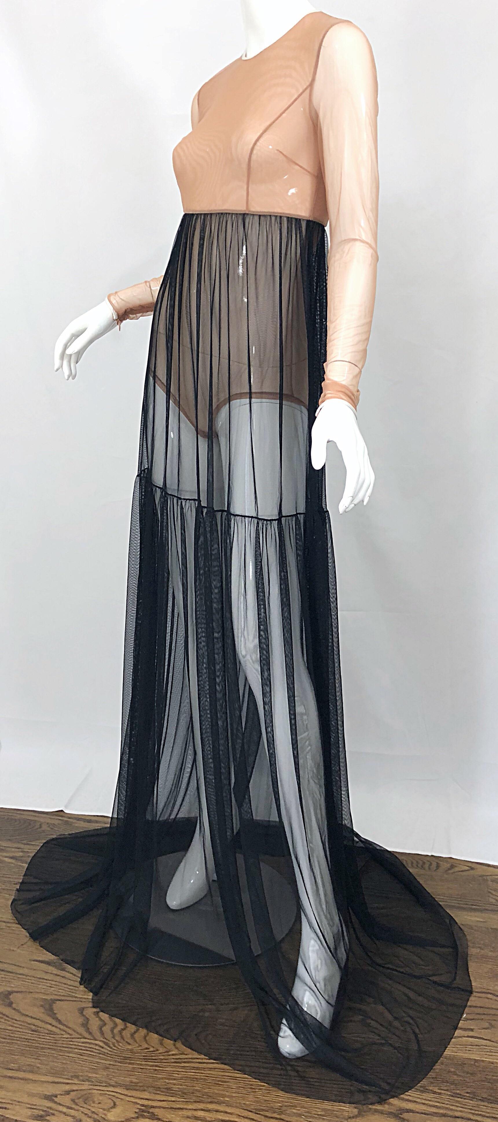 Michael Kors Collection Sz 4 Nude + Black Sheer Runway Mesh Bodysuit Gown Dress For Sale 1