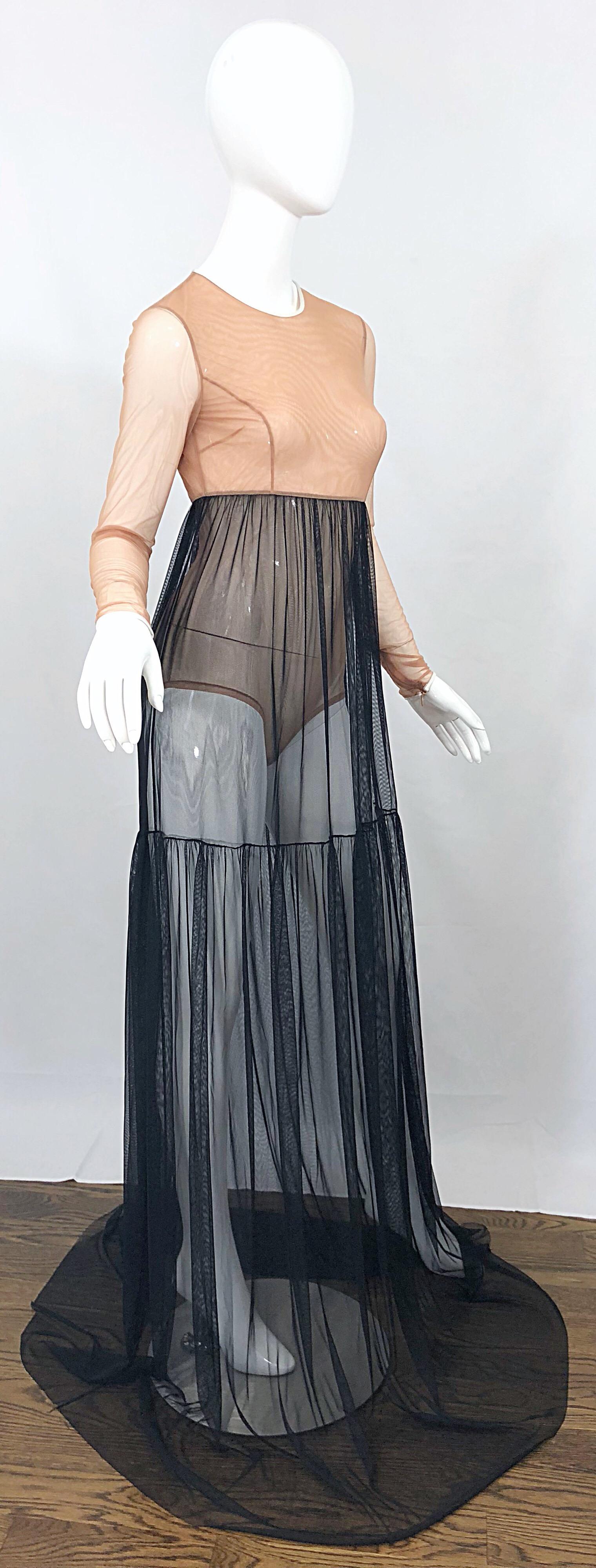 Michael Kors Collection Sz 4 Nude + Black Sheer Runway Mesh Bodysuit Gown Dress For Sale 3