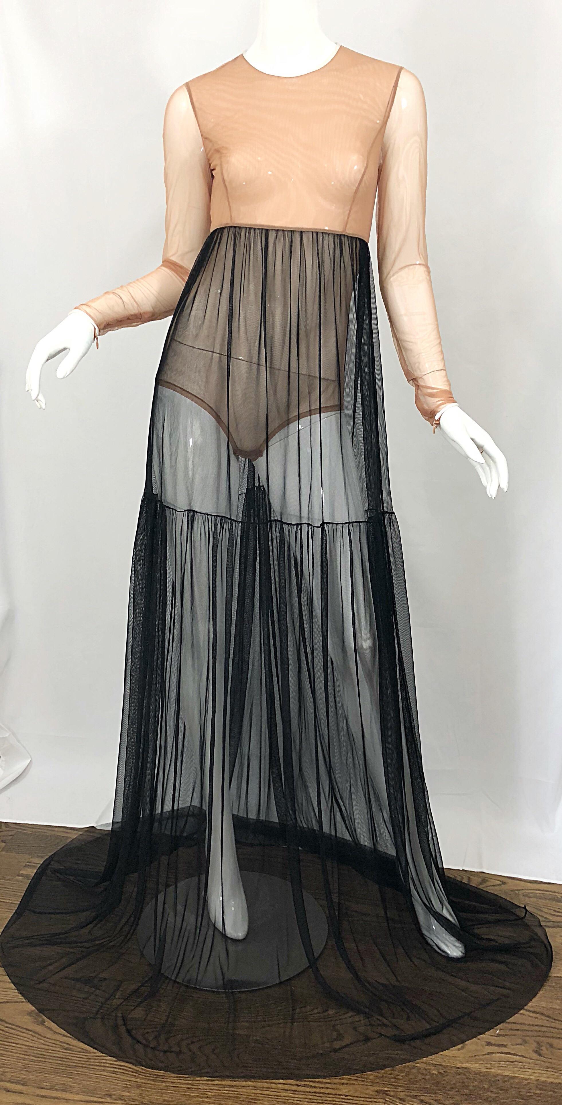 Michael Kors Collection Sz 4 Nude + Black Sheer Runway Mesh Bodysuit Gown Dress For Sale 4