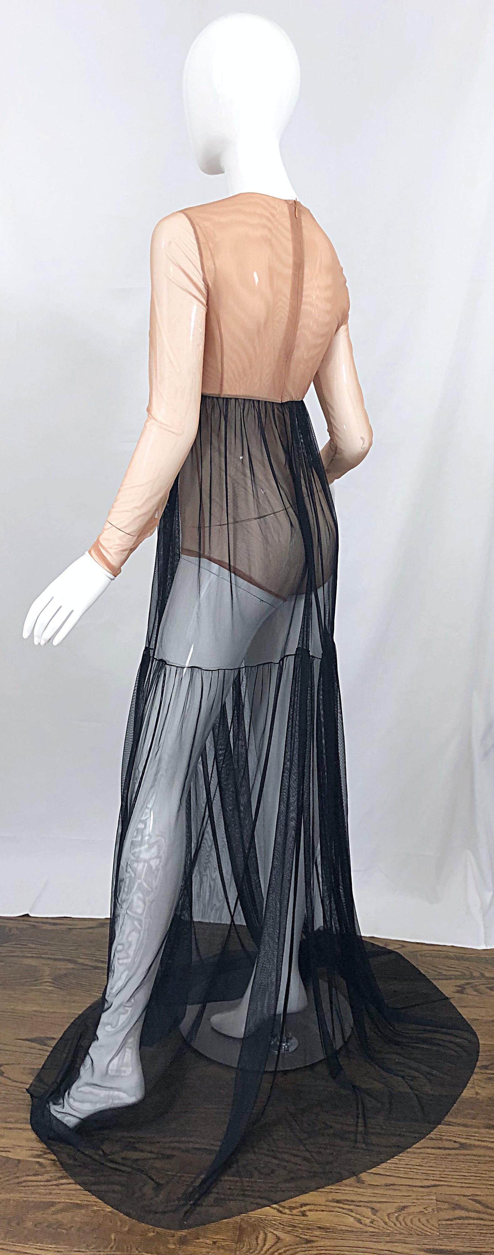 Michael Kors Collection Sz 4 Nude + Black Sheer Runway Mesh Bodysuit Gown Dress For Sale 5