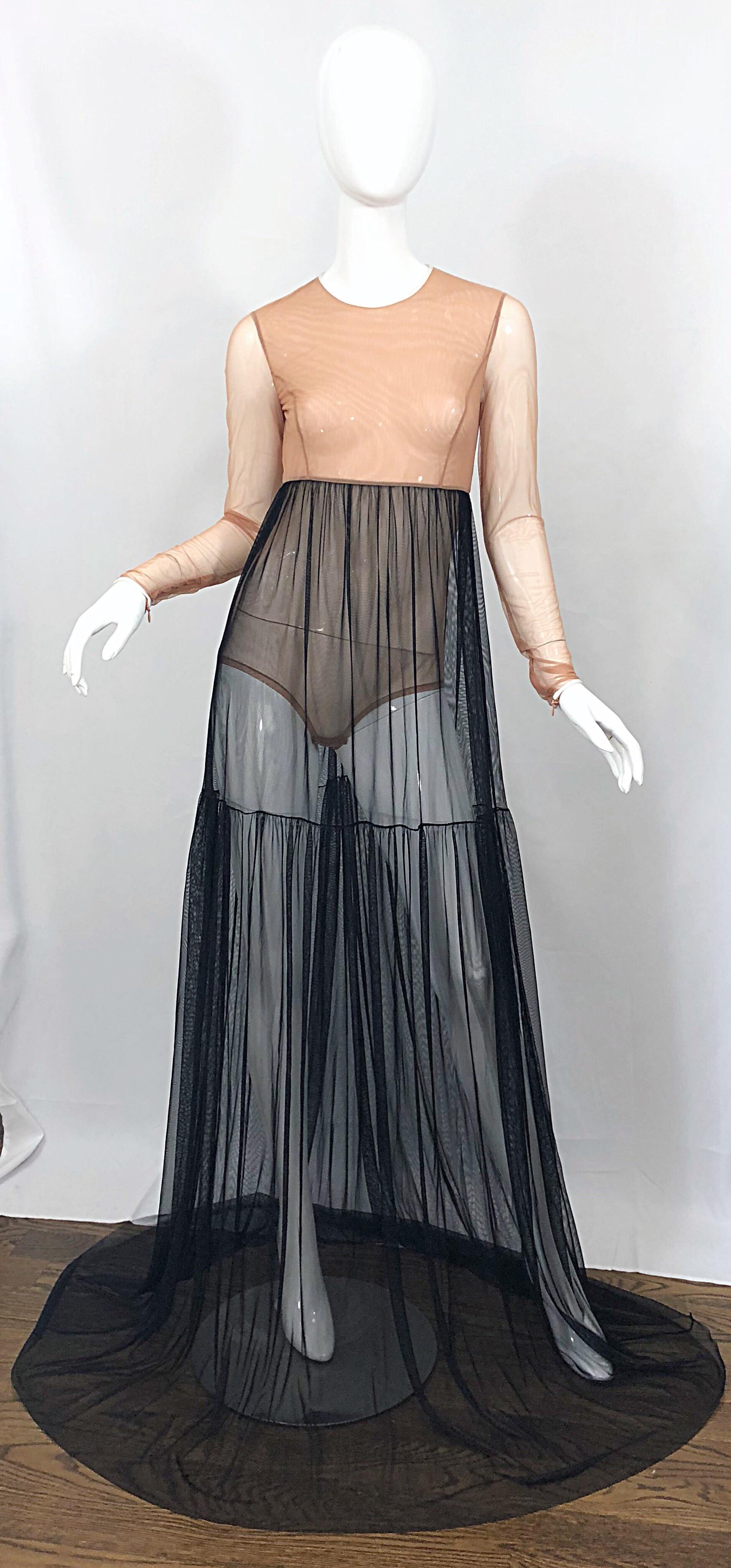 Michael Kors Collection Sz 4 Nude + Black Sheer Runway Mesh Bodysuit Gown Dress For Sale 6