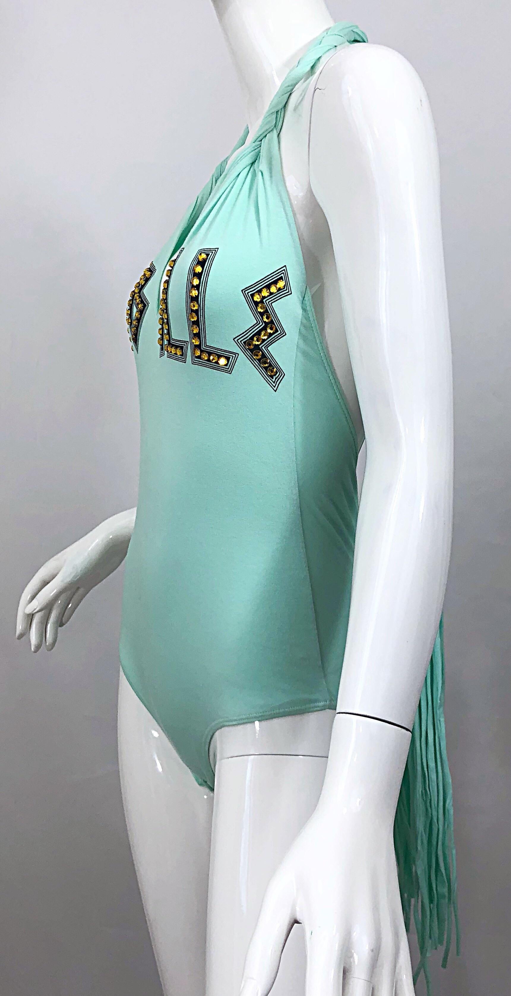 Seltener Frühjahr 2003 Dolce & Gabbana Teal Blue Pailletten-Bodysuit mit einem Teil und Fransen im Angebot 8